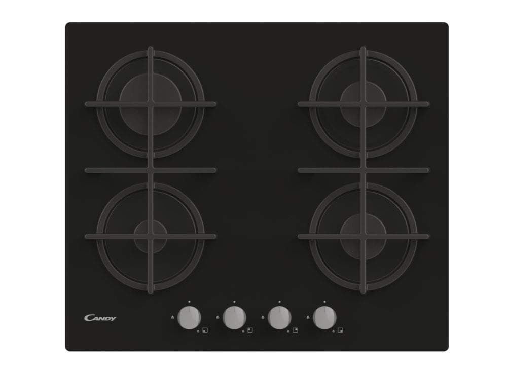 Candy Piano Cottura a Gas 4 Fuochi in Vetro Temperato, Griglie in Ghisa Lavabili in Lavastoviglie, Sistema di Sicurezza, 59,5 x 51 x 9,5 cm, Nero - CVG6B