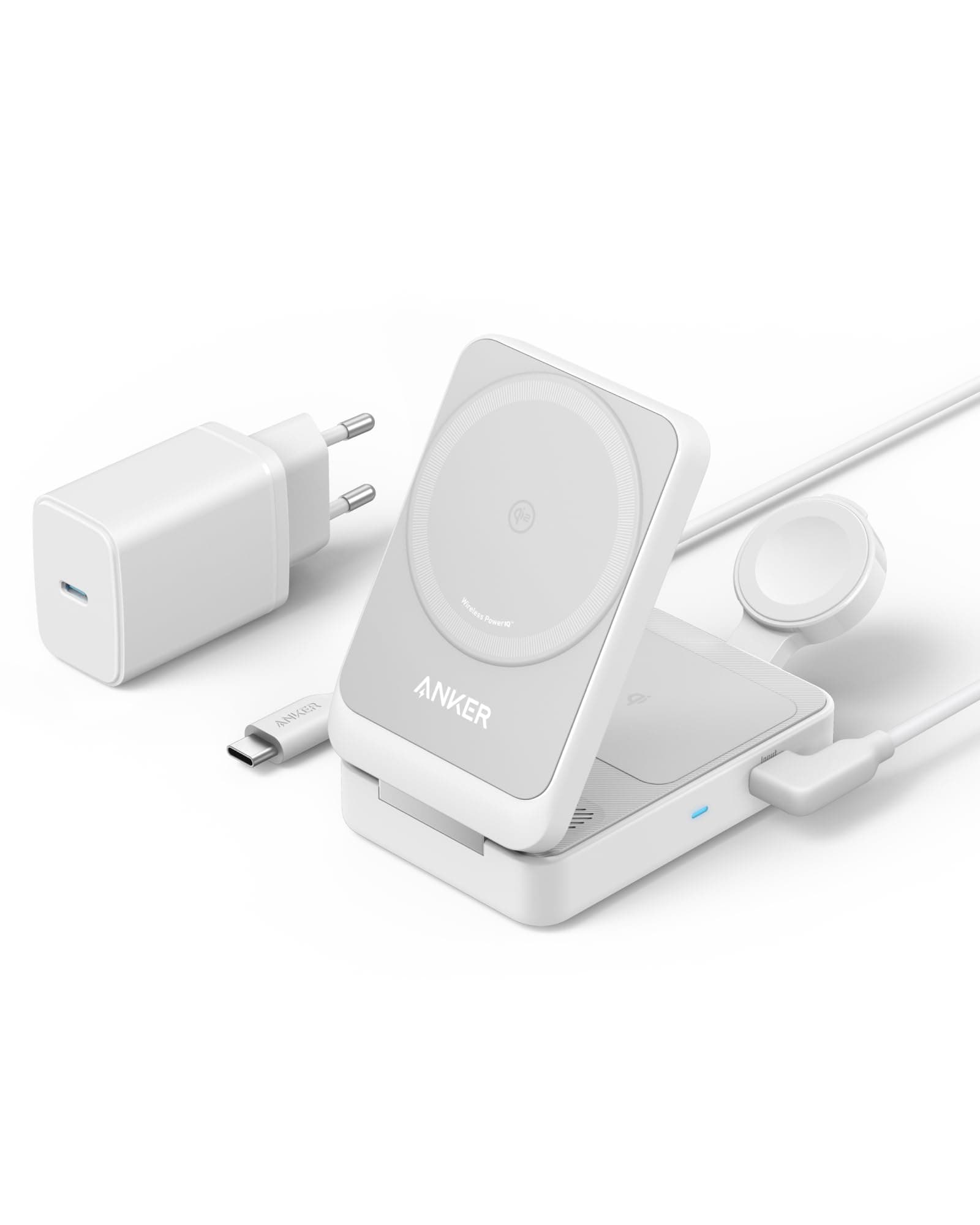 Anker MagGo 3-in-1 Ladestation, Qi2 zertifizierter 15W kabelloser Ladeständer, MagSafe kompatibel, Apple Watch Ladegerät, Für iPhone 17/16/15/14, AirPods, Apple Watch 9 (Mit 40W USB-C Netzteil)