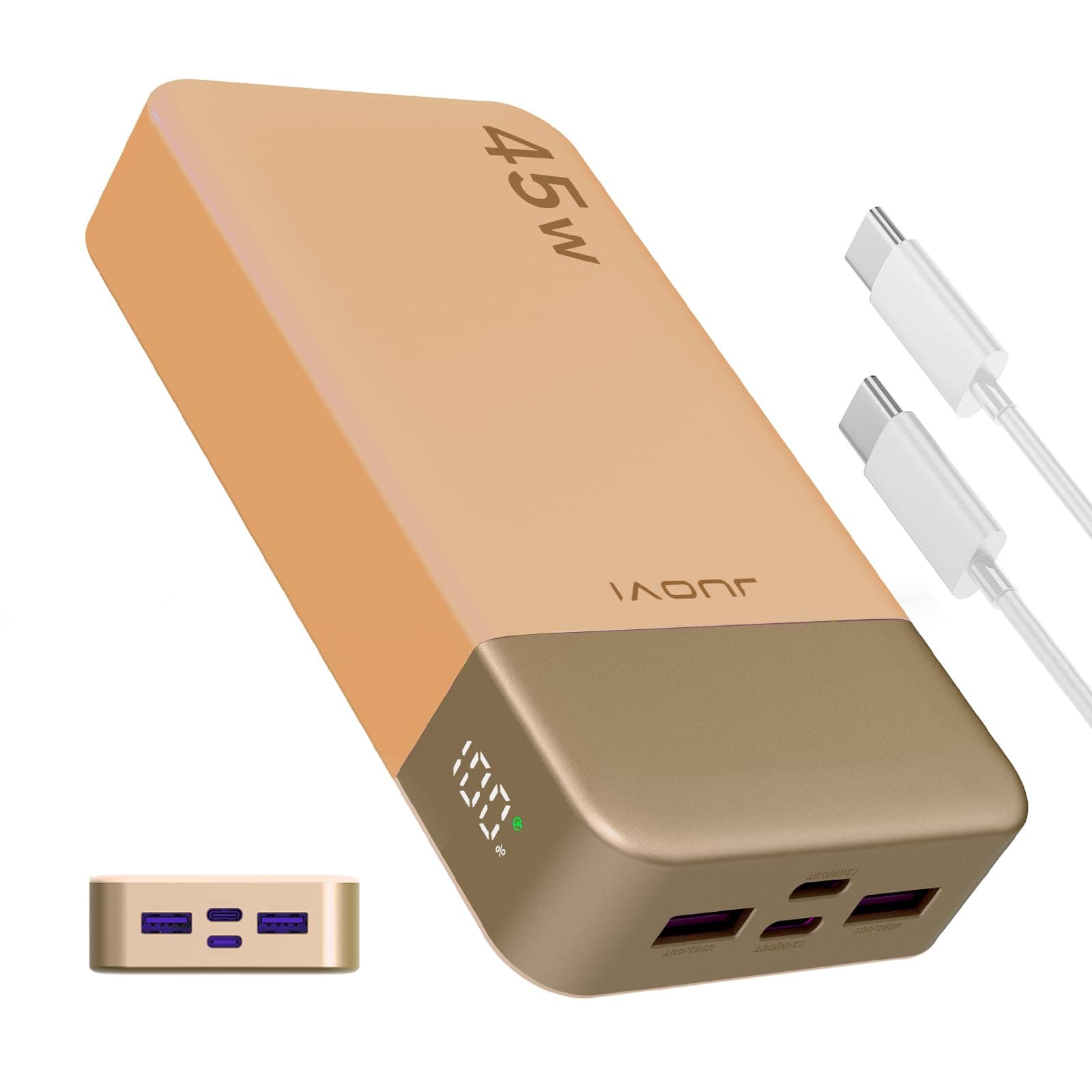 JUOVI Power Bank Ricarica portatile 20000mAh 45W, ricarica super rapida con display a LED caricatore portatile del telefono, banca di alimentazione USB C per MacBook, per iPhone 15 (Arancione)