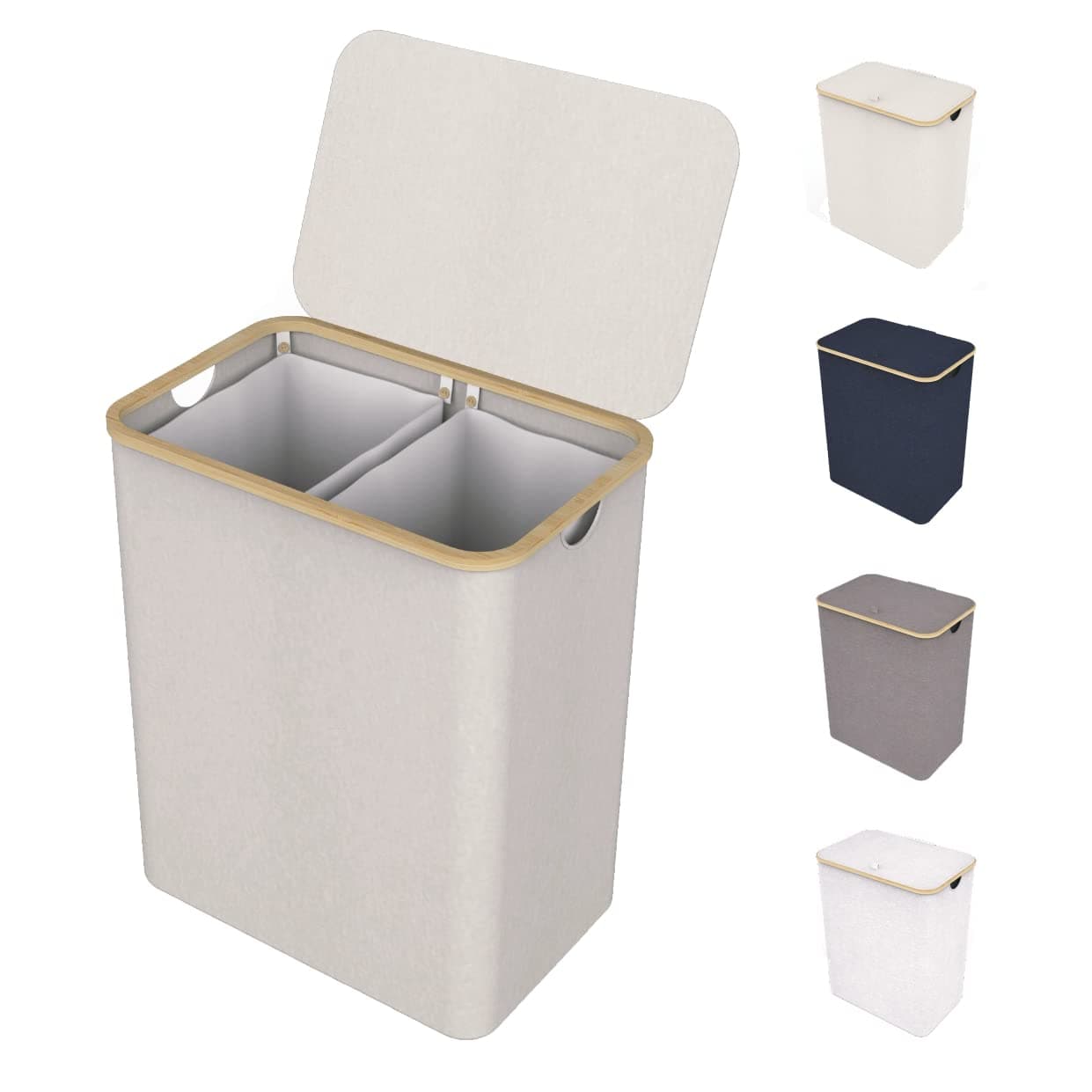 LONBET 150L Cesto Ropa Sucia 2 Compartimentos con Tapa y Estructura de Bambú - Cubo Ropa Sucia con Bolsa Extraíble, Asas Cómodas y Tela Transpirable para Uso Diario - Laundry Basket, Beige
