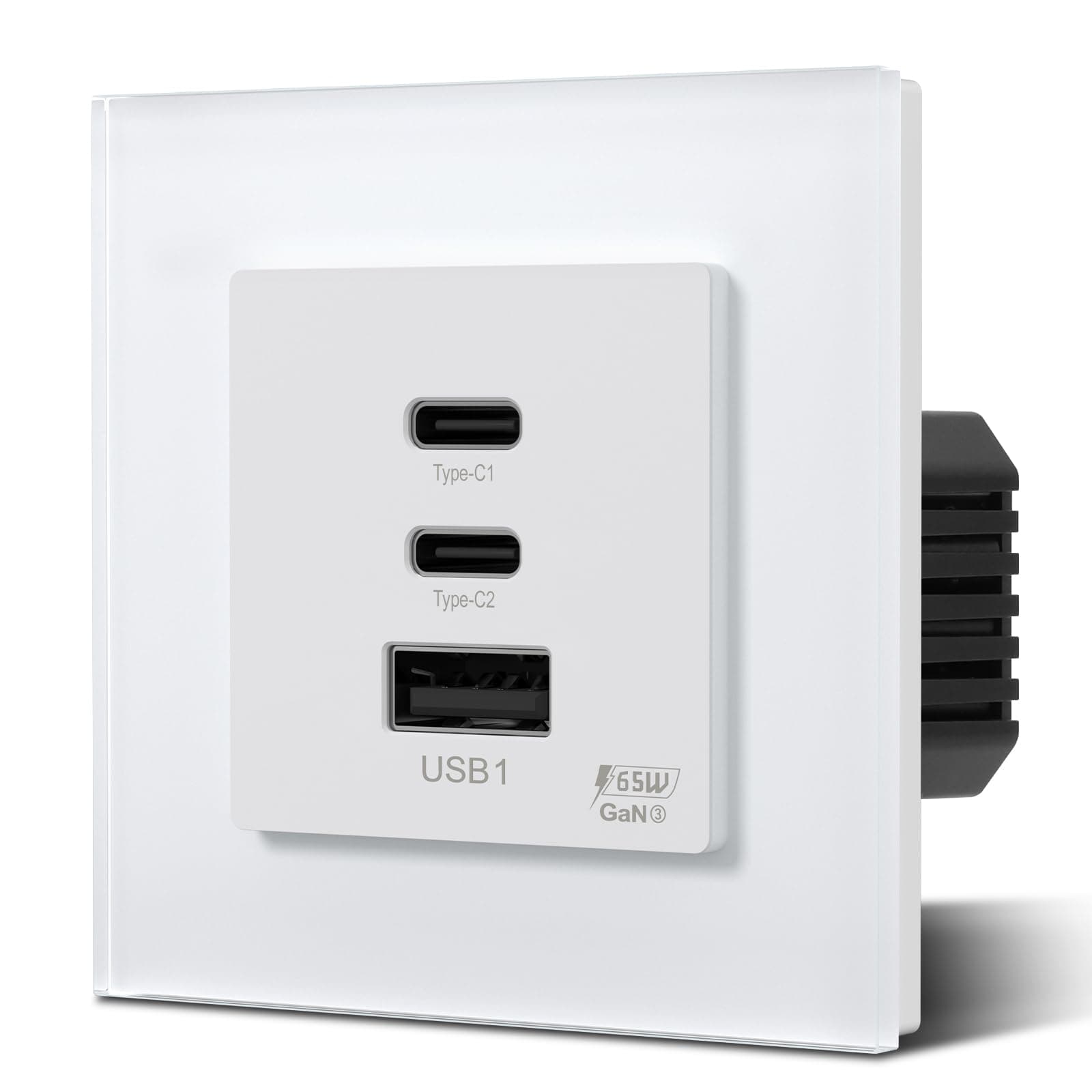 BSEED Enchufe de Pared GaN PD de 65W，Panel de Vidrio,Enchufe Empotrado con 2 Puertos Tipo C y 1 USB-A, 86mm Blanco