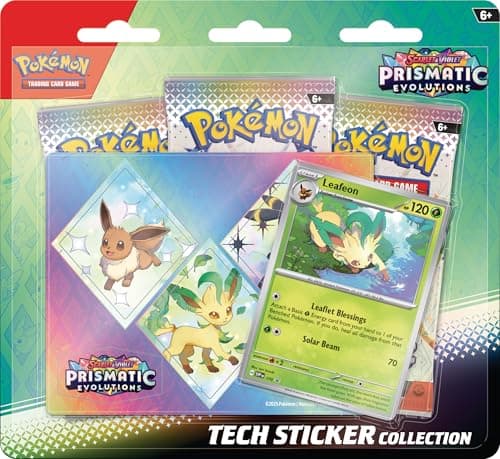 Pokémon Sammelkartenspiel: Scarlet &amp; Violet – Prismatic Evolutions Tech Aufkleber-Sammlung – Folieon (1 Folien-Promokarte und 3 Booster-Packungen)