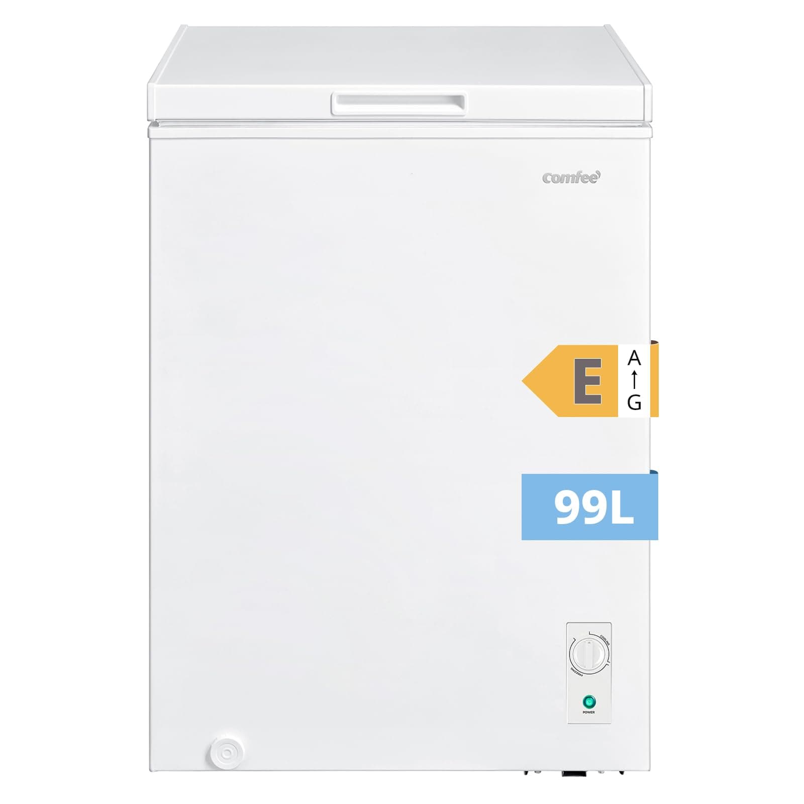 Comfee' RCC102WH2EU(E) Congelador arcón independiente 99L, convertible a congelador/refrigerador, inverter, clasificación de 4 estrellas, apto para garajes, blanco [Clase energética E]