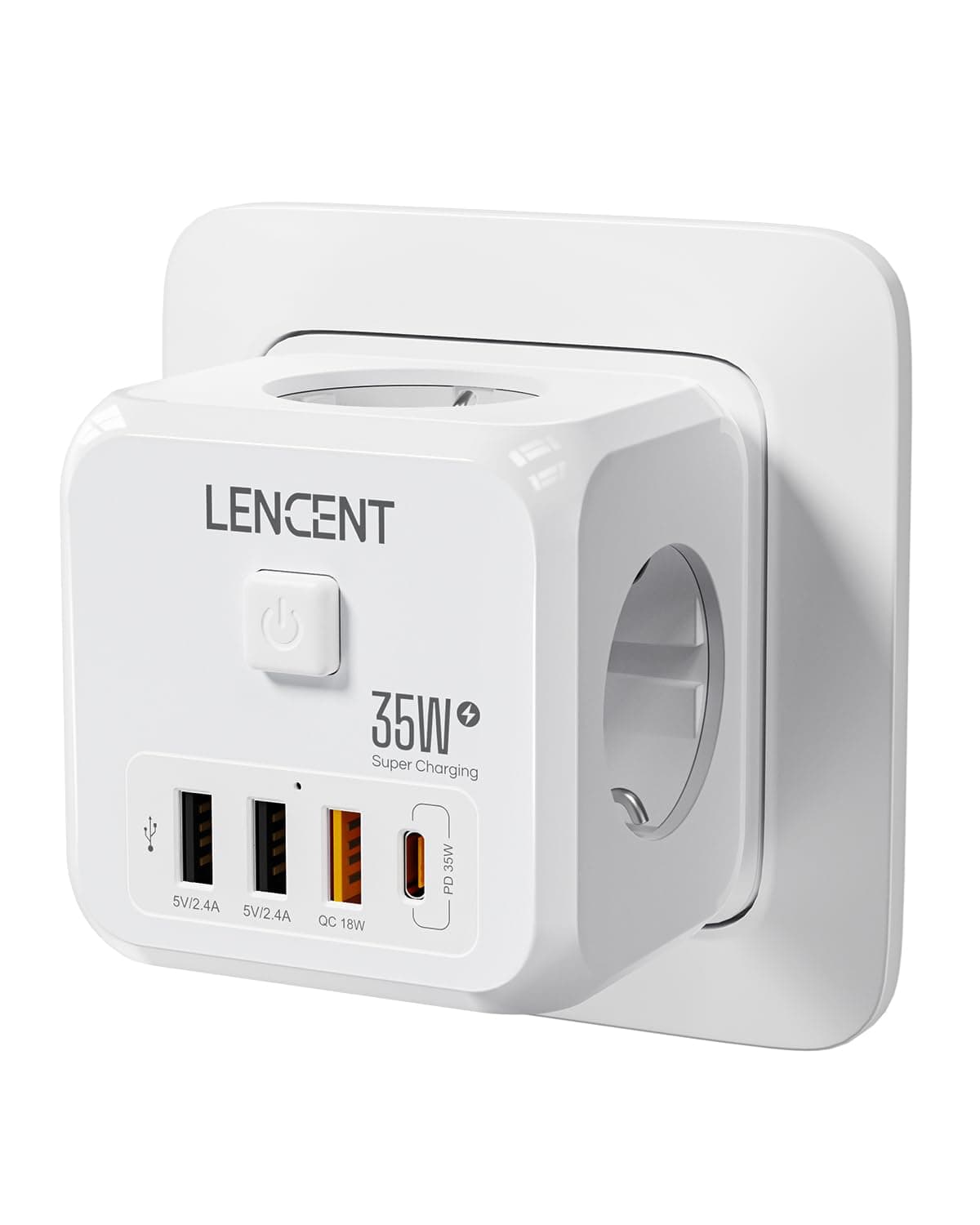 LENCENT Enchufe USB Cubo con Carga Rápida PD35W, Ladron Enchufe 4000W con 3 Tomas de CA, 3 USB y 1 PD35W, Cubo Enchufe Multiple Pared con Interruptor, Cargador USB para Familia, Cocina y Oficina