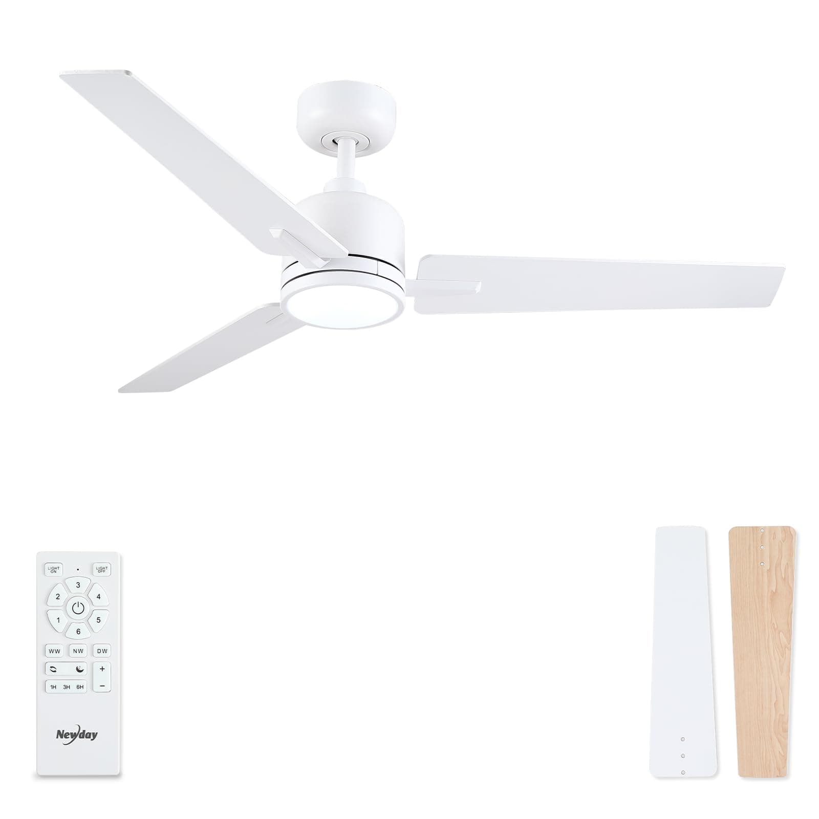 Newday Ventilateur de Plafond Blanc 107cm, Ventilateur de Plafond avec Lumiere et Télécommande Silencieux, Plafonnier Ventilateur Blanc avec DC Moteur Réversibles, 3 Minuterie pour Chambre Salon