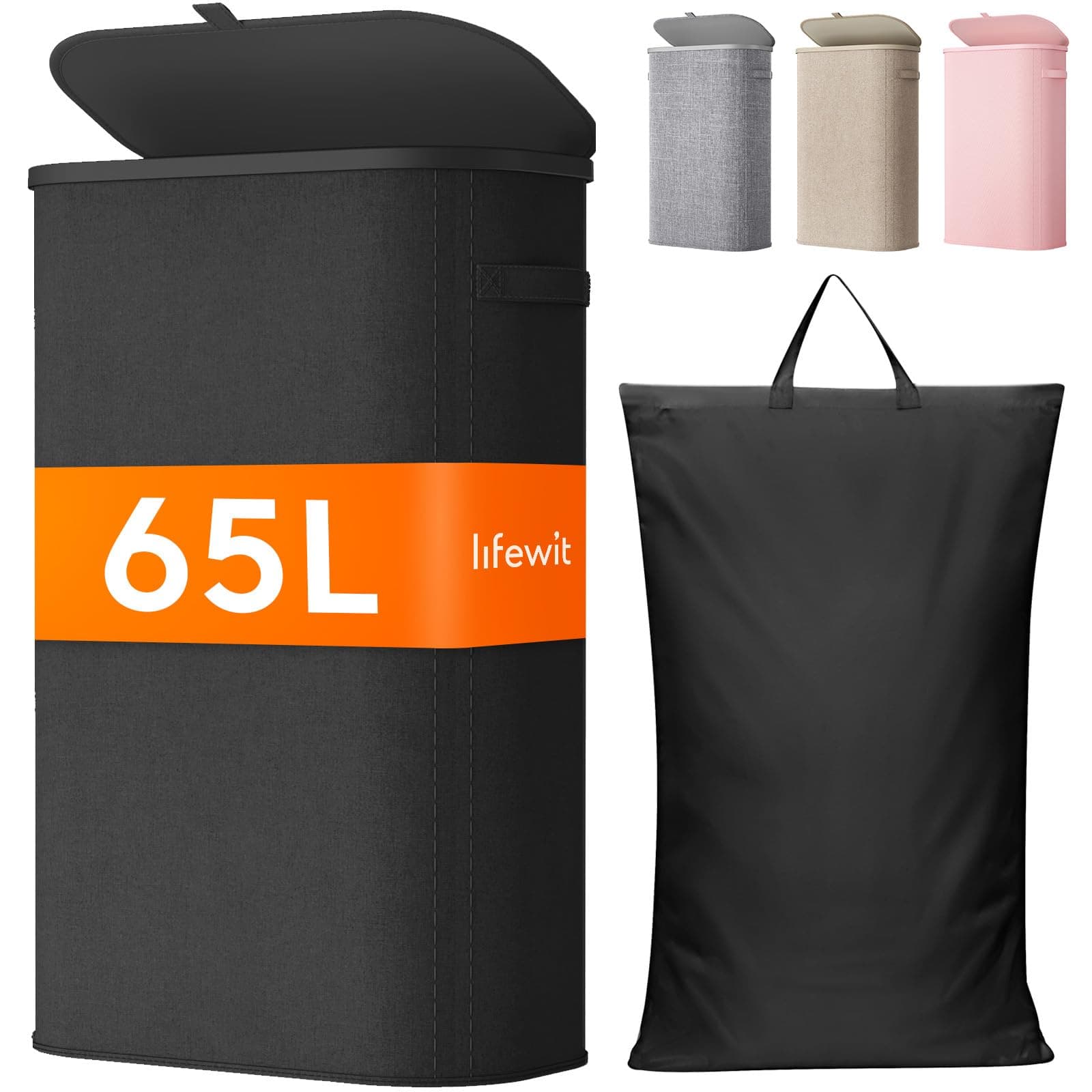 Lifewit Schmal Wäschekorb mit Deckel, 65L Wäschesammler mit Kunststoffrahmen, faltbarer großer Wäschesortierer, Wäschebox Laundry Baskets für Schlafzimmer, Bad, Schwarz