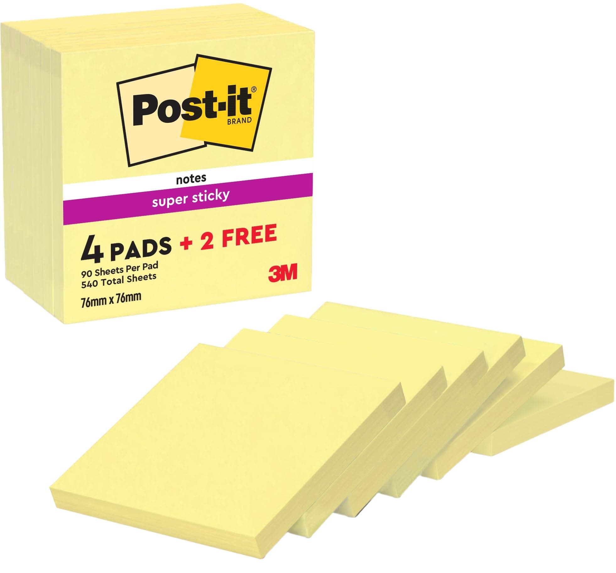 Post-it Super Sticky Notes Kanariengelb, Packung mit 6 Blöcken, 90 Blatt pro Block, 76 mm x 76 mm, Farbe: Gelb - Extra-stark klebende Notizzettel für Notizen, To-Do-Listen und Erinnerungen