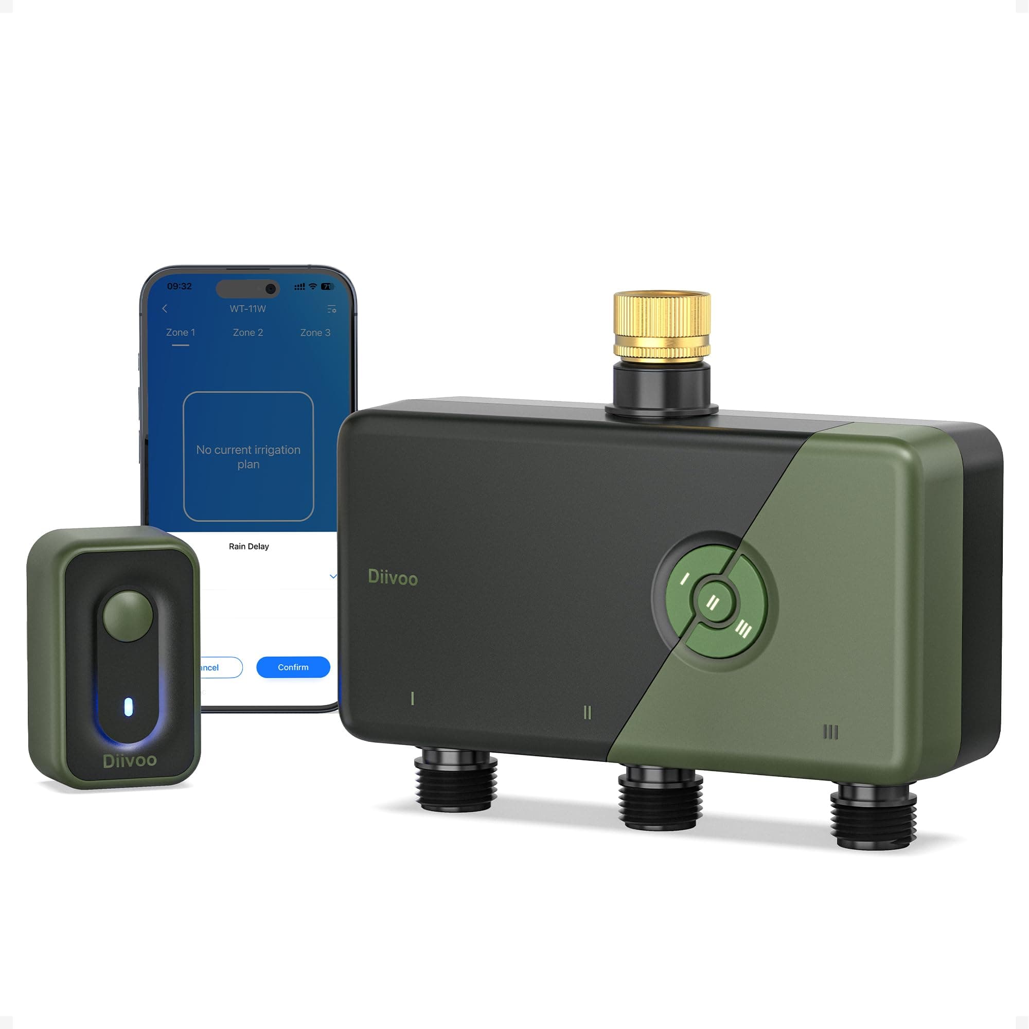 Diivoo Centralina Irrigazione WiFi 3 Zone con Entrata in Ottone, Timer Irrigazione WiFi 3 Uscite Compatibile con Alexa/Google Assistant, 18 Piani d'Irrigazione, Ritardo Pioggia per Giardino e Prato