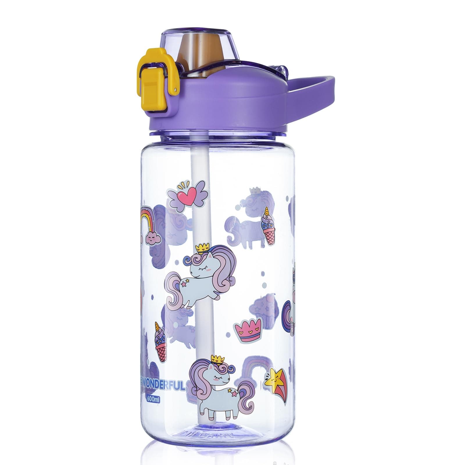 flintronic Borraccia Bambini, 600ML Borraccia per Bambini Senza BPA, Bottiglia Acqua con Cannuccia, Bottiglia d'Acqua a Prova di Perdita, Regalo per Bambini (Unicorno)