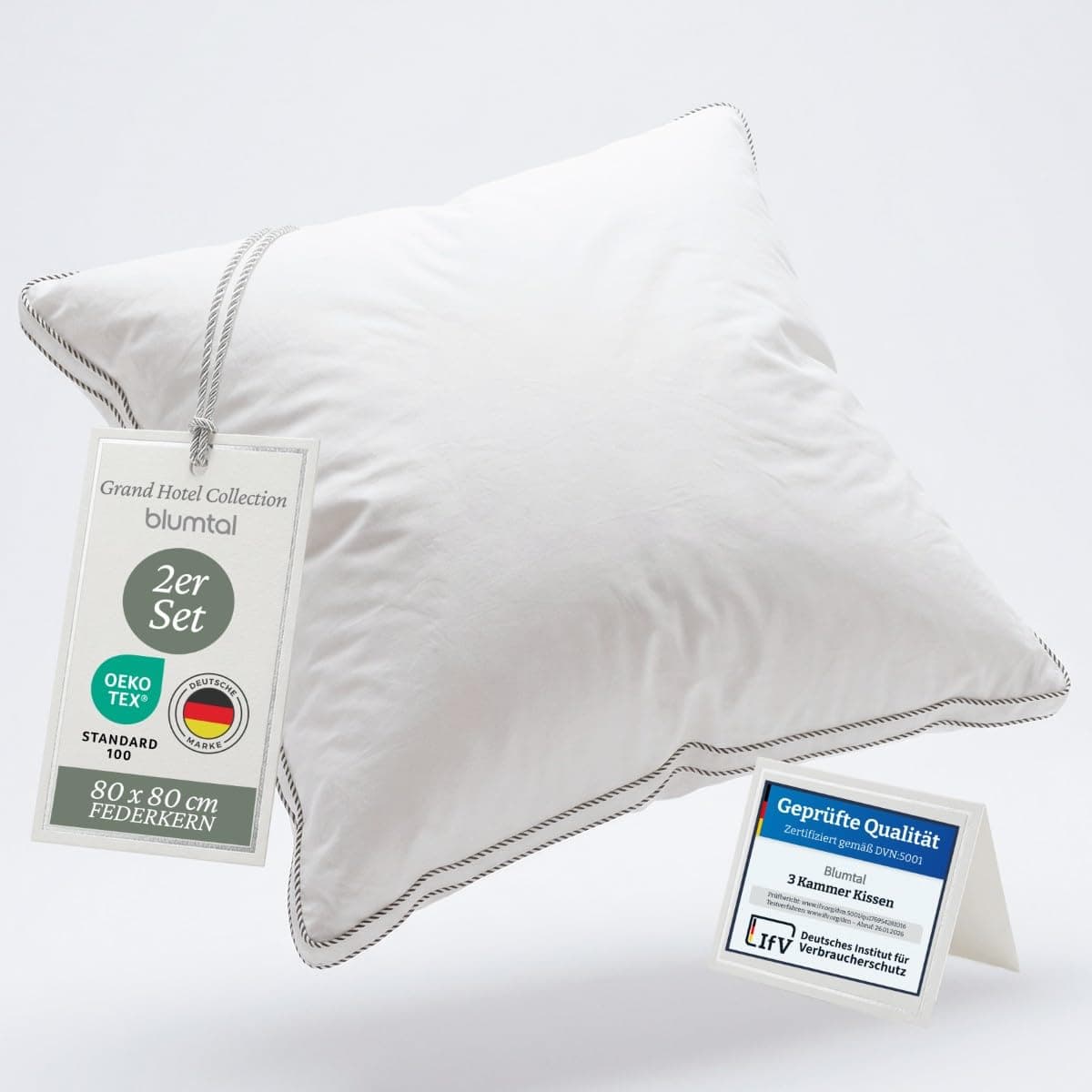 Blumtal Federkissen 80 x 80 cm 2er Set mit 3-Kammer-Füllung - Oeko-TEX zert. Kopfkissen 80x80 2er Set Federfüllung - Ultra stützender Federkern + HCS-Außenkammern - Bauchschläferkissen, Weiß