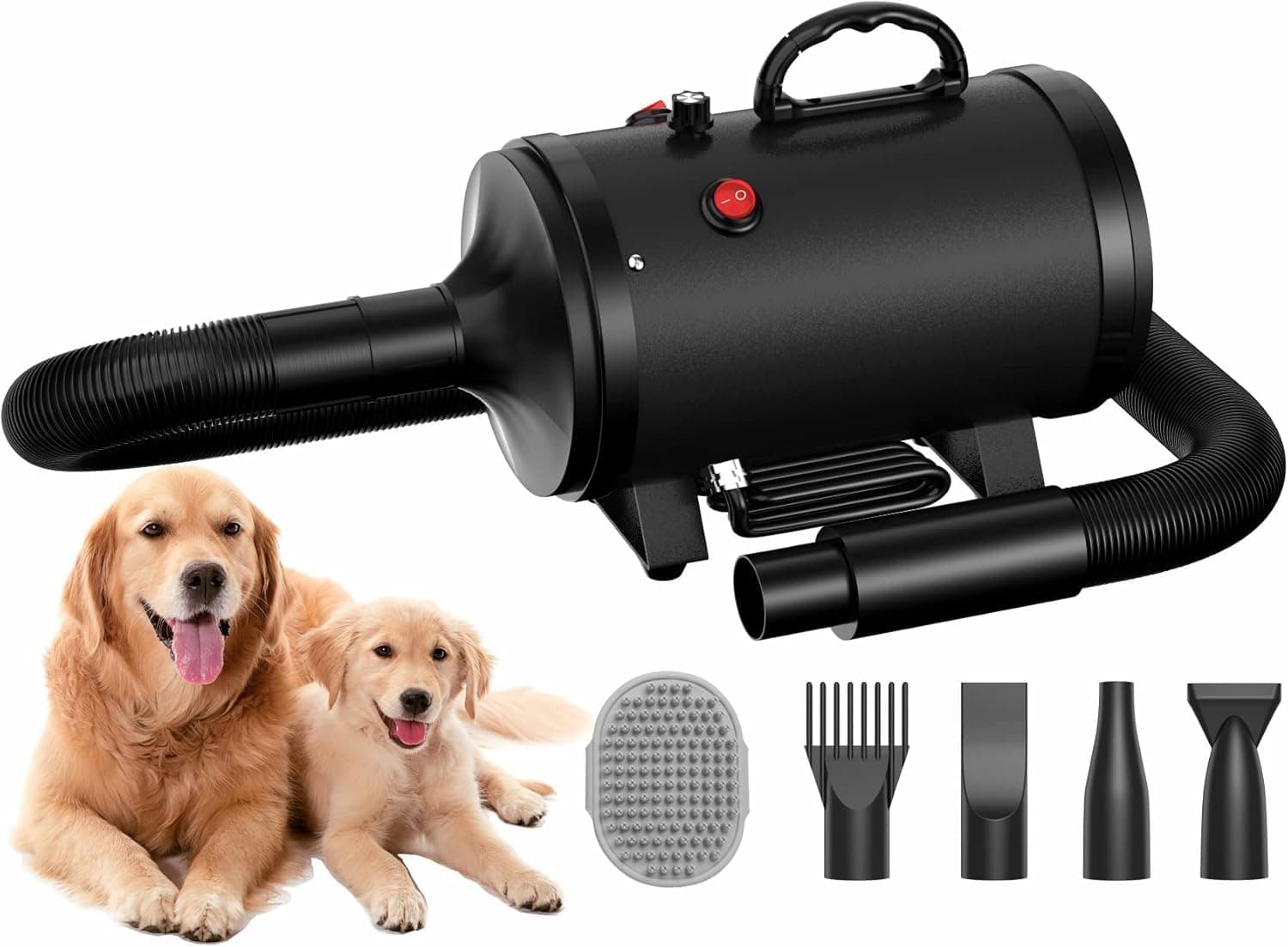 Blanlody Secador de pelo para perros Blower muy silencioso 4,5 CV / 3200 W motor de velocidad ajustable, para el cuidado de perros con 4 boquillas diferentes manguera elástica y cepillo de cuidado