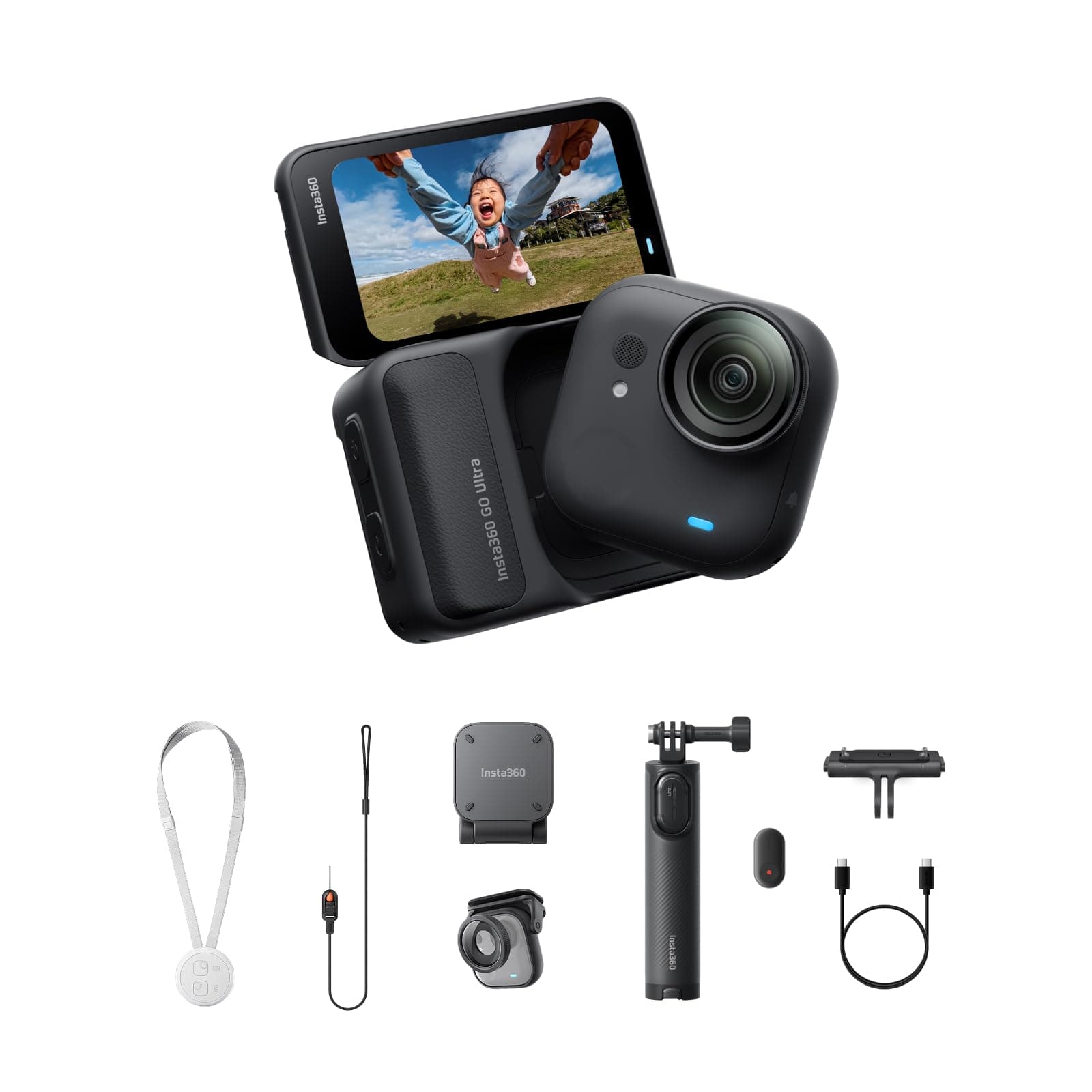 Insta360 GO Ultra Paquete Familiar Negro Medianoche-Pequeña cámara 4K Manos Libres,Ligera y Portable,Excelencia con Poca luz,Montaje polivalente,200 min de batería,Impermeable 10 Metros,Bici