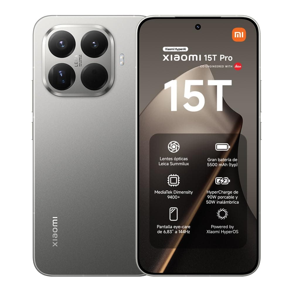 XIAOMI 15T Pro - Smartphone de 12+512GB, Lente óptica Leica Summilux, MediaTek Dimensity 9400+, Pantalla Eye Care de 6,83" 144 Hz, HyperCharge de 90W, Cargador no Incluido, Gris (Versión ES)