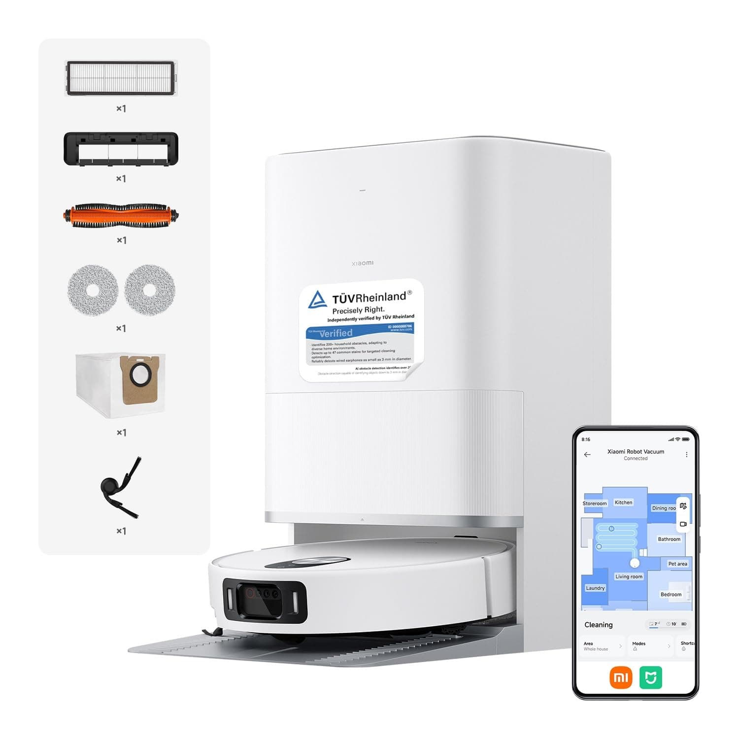 XIAOMI Robot Vacuum 5 Pro - Succión de 20.000 Pa, IA para Evitar obstáculos, Detección automática de Suciedad, Láser dToF, Brazos robóticos duales, Autolimpieza a 80 °C para Mejor Rendimiento