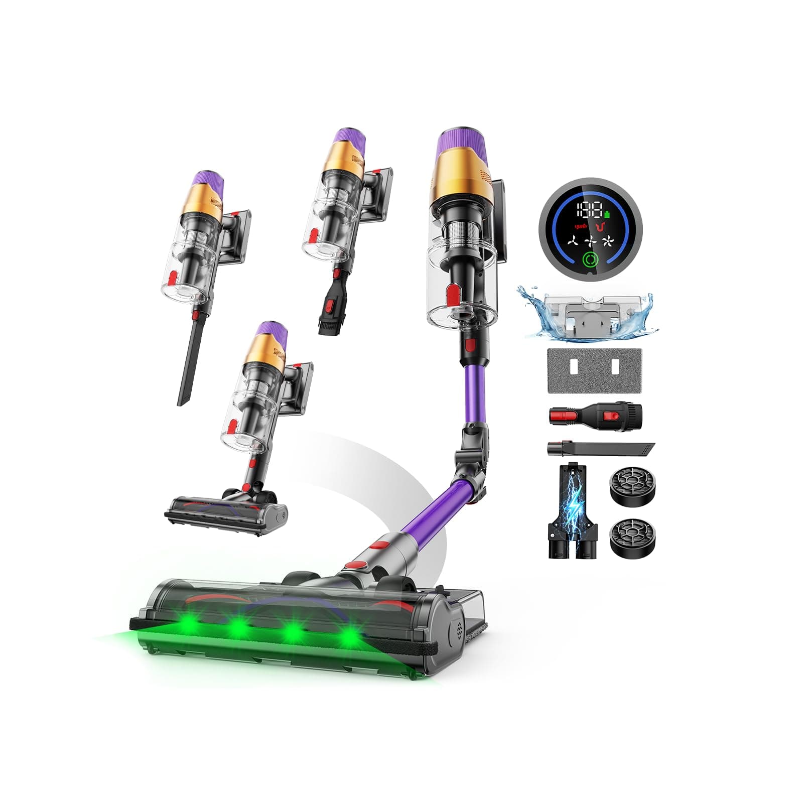 Linkifly A12 Aspirapolvere Senza Fili, 8 in 1 Combo Lavapavimenti, 48Kpa 550W 70Min, Touch Schermo, Aspirapolvere Pieghevole con Ricarica A Parete per Tappeti Domestici/Auto/Peli di Animali