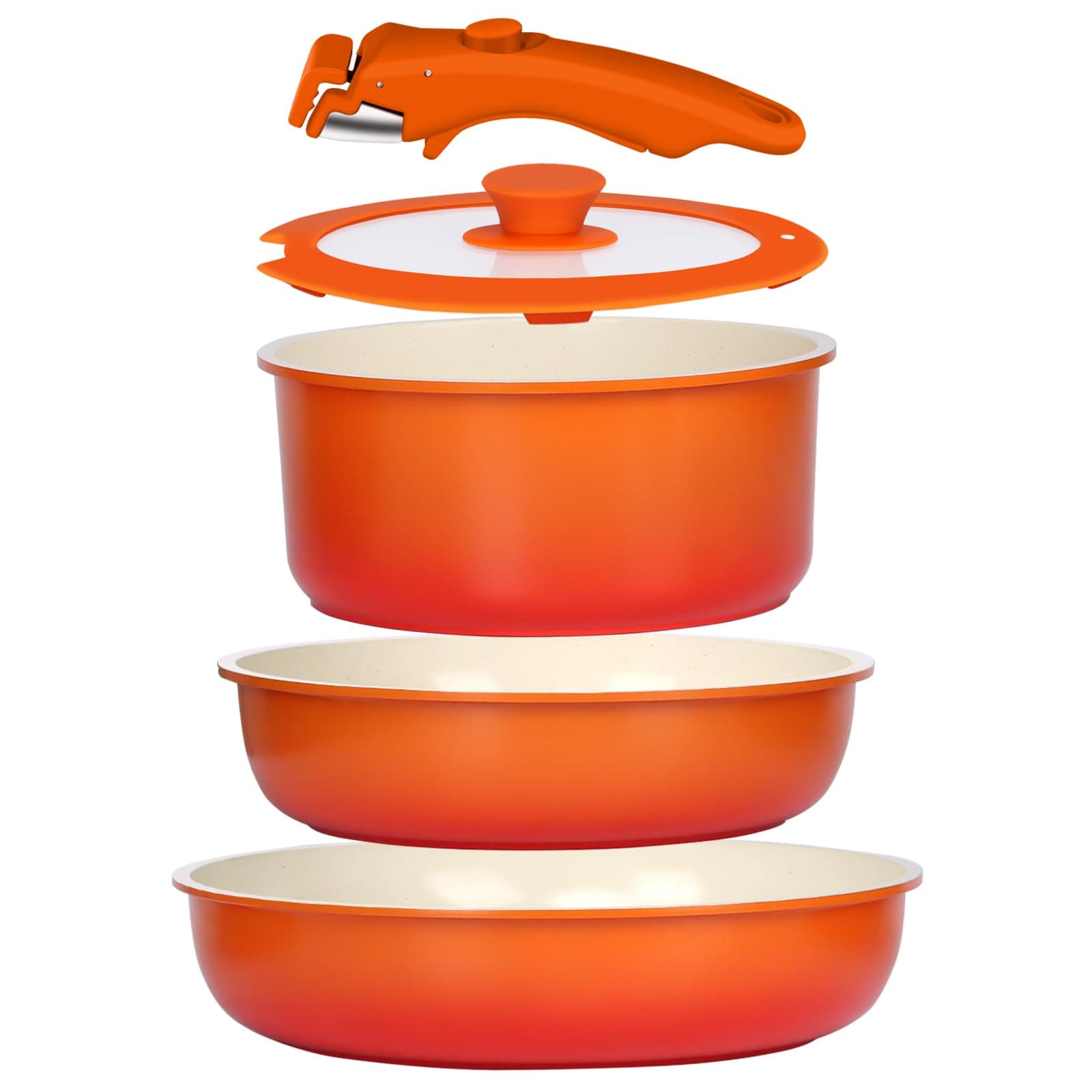 GiPP 5 Pezzi Set Di Padelle Con Rivestimento Ceramico Antiaderente, Set Di Padelle E Pentole Con Manici Staccabili, Atossiche Compatibili Con Induzione, Forno E Lavastoviglie, Sfumatura Arancione