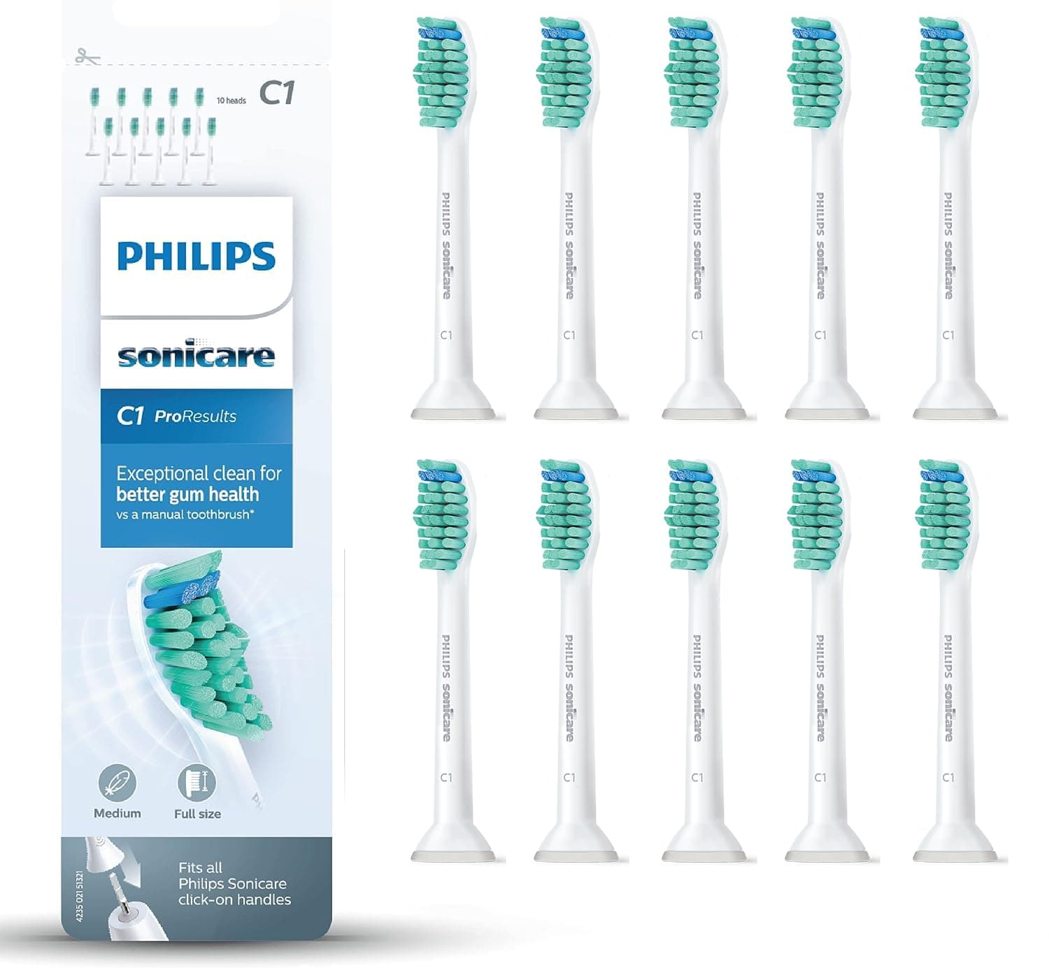 Philips Sonicare C1 ProResults-Bürstenköpfe für elektrische Schallzahnbürsten, 10 Stück (Modell HX6010/32)
