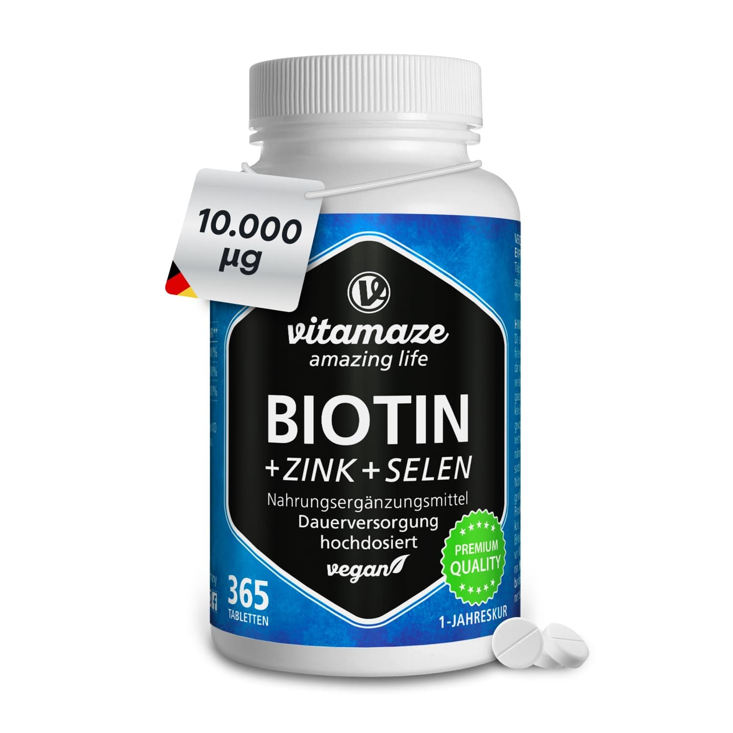 Vitamaze Biotin hochdosiert 10.000 mcg + Selen + Zink für Haare, Haut & Nägel, 365 vegane Tabletten für 1 Jahr, D-Biotin, Nahrungsergänzung ohne Zusatzstoffe, Made in Germany
