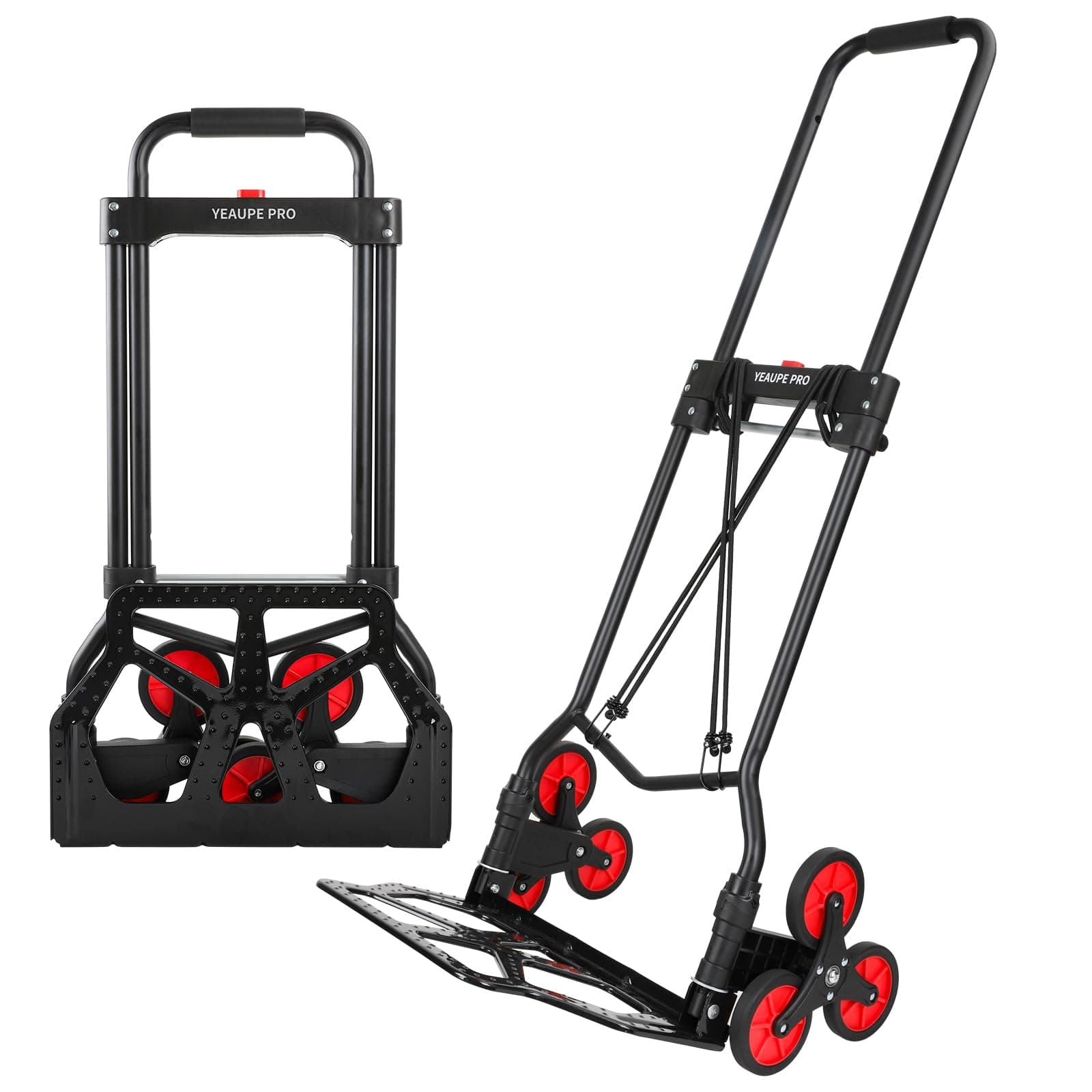 YEAUPE PRO Carrello Saliscale Pieghevole con Manico Telescopico, Ruote in Gomma, 2 Cinghie | Portata 50 kg per Traslochi, Giardino, Trasporto, Nero - Tre Ruote