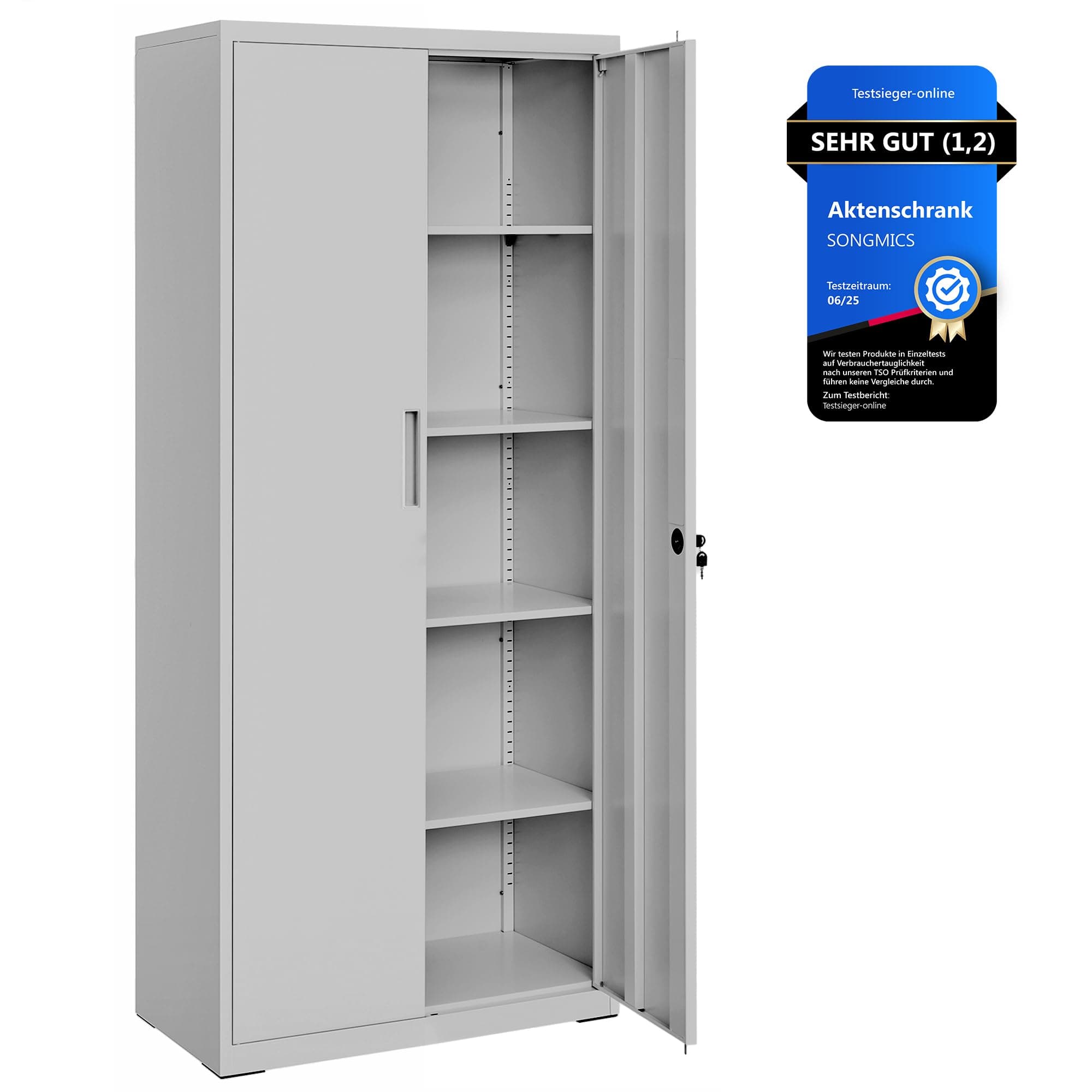 SONGMICS Aktenschrank, Mehrzweckschrank, Stahl-Aufbewahrungsschrank, 5 Ebenen, Doppeltüren, Schloss, Werkzeugschrank, verstellbare Ablagen, Garage, Büro, Wohnzimmer, grau OMC015G01