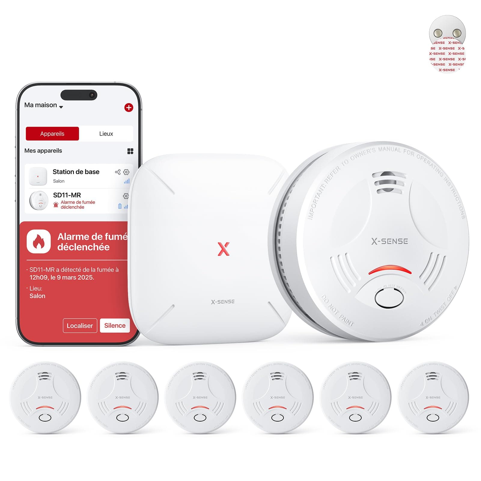 X-Sense Détecteur de Fumée Connecté, Alarme Incendie Interconnecté avec Fixation Magnétique sans Perçage, Mode Nuit Silencieux, Batterie Remplaçable, Fonction App Alertes en Temps Réel, SD11-MR61
