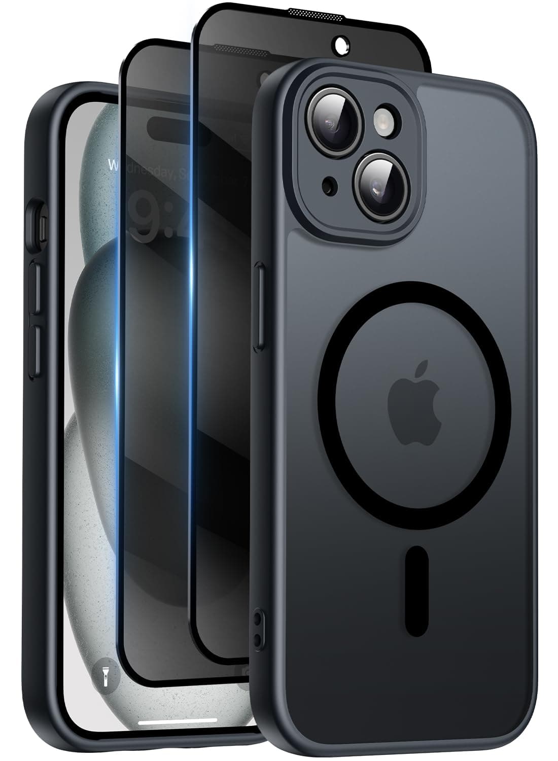 Qasyfanc Coque Magnétique pour iPhone 15 avec 2 Verre Trempé Anti-Espion, Compatible avec MagSafe, Étui Mat Translucide Arrière Housse Antichoc Anti-Rayures pour iPhone 15, Noir