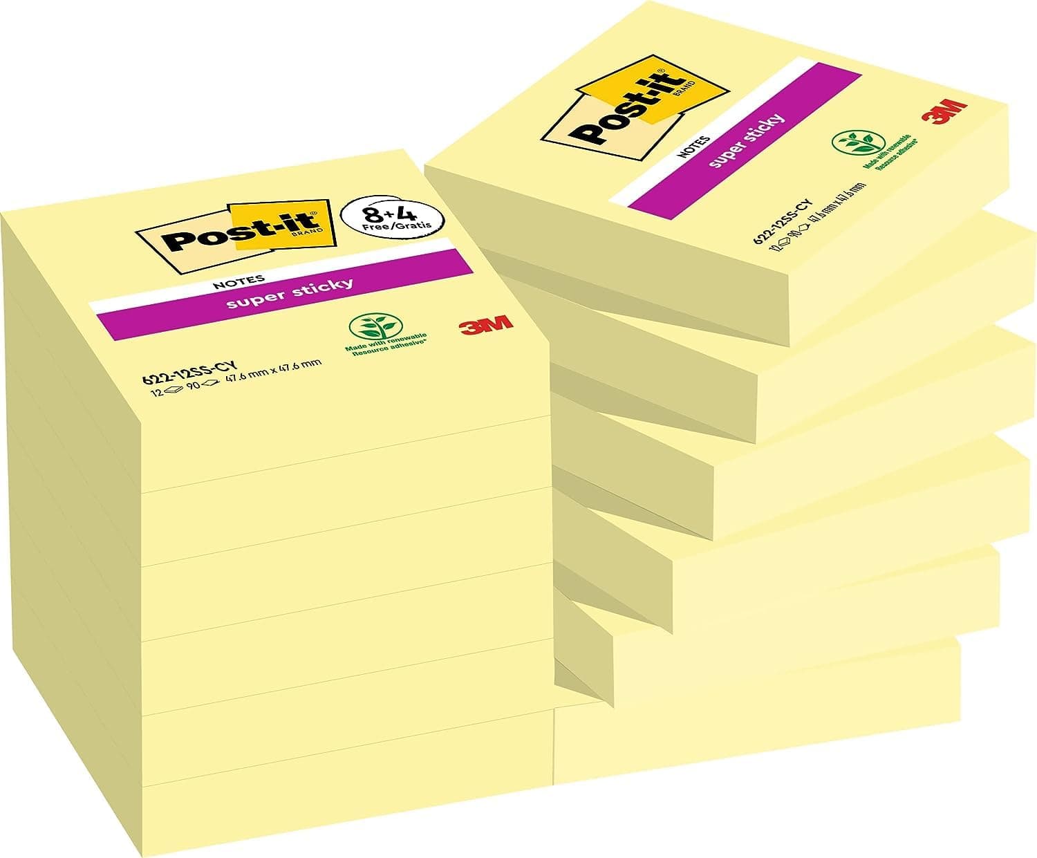 Post-it Super Sticky Notes, Packung mit 12 Blöcken, 90 Blatt pro Block, 47,6 mm x 47,6 mm, Farbe: Gelb - Extra-stark klebende Notizzettel für Notizen, To-Do-Listen und Erinnerungen