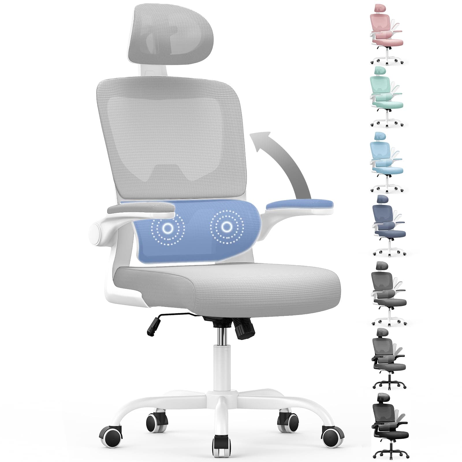 naspaluro Silla Oficina,Silla Escritorio Ergonómica con Soporte Lumbar Dinámico, Reposabrazos Abatibles, Silla Escritorio con Ajuste de Altura, función de balanceo de 120°, Mejora Gris