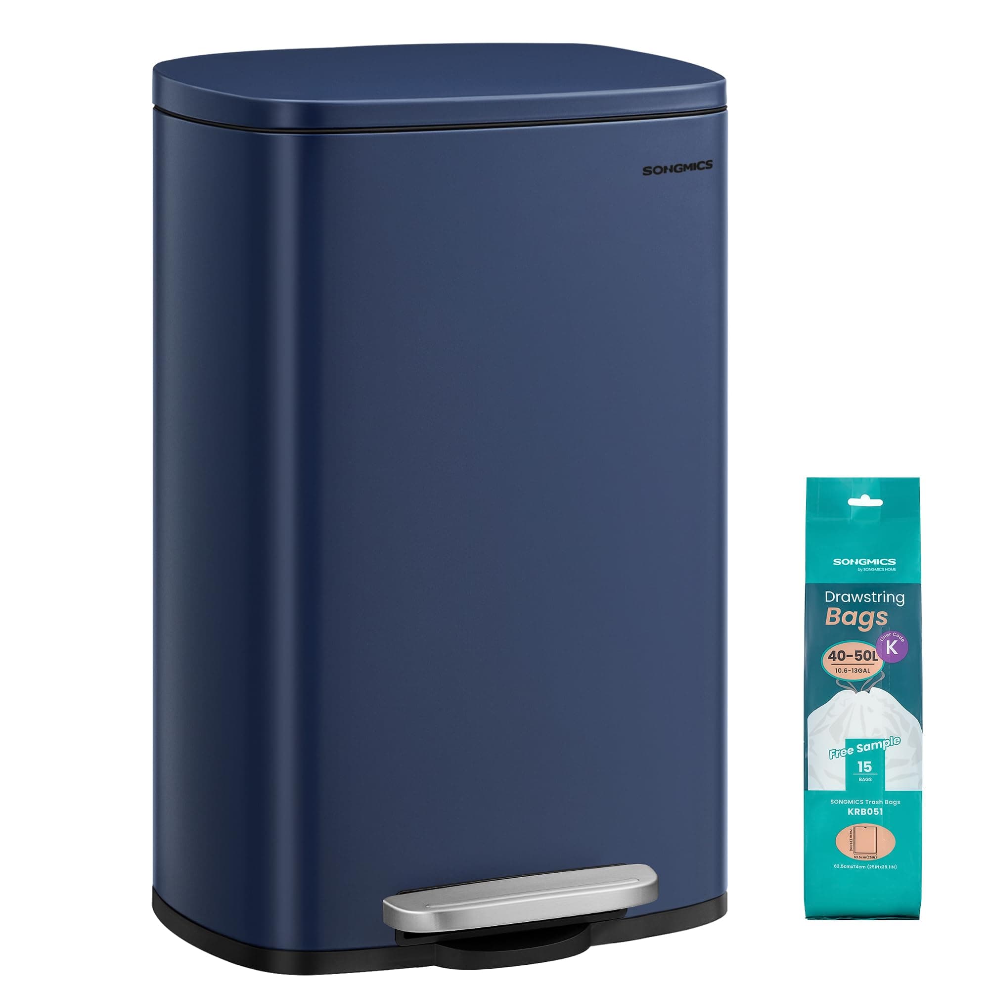 SONGMICS Poubelle Cuisine 50 L, Poubelle Bureau, Fermeture en Douceur, avec Pédale, en Acier, Seau Intérieur, Bleu LTB050L02