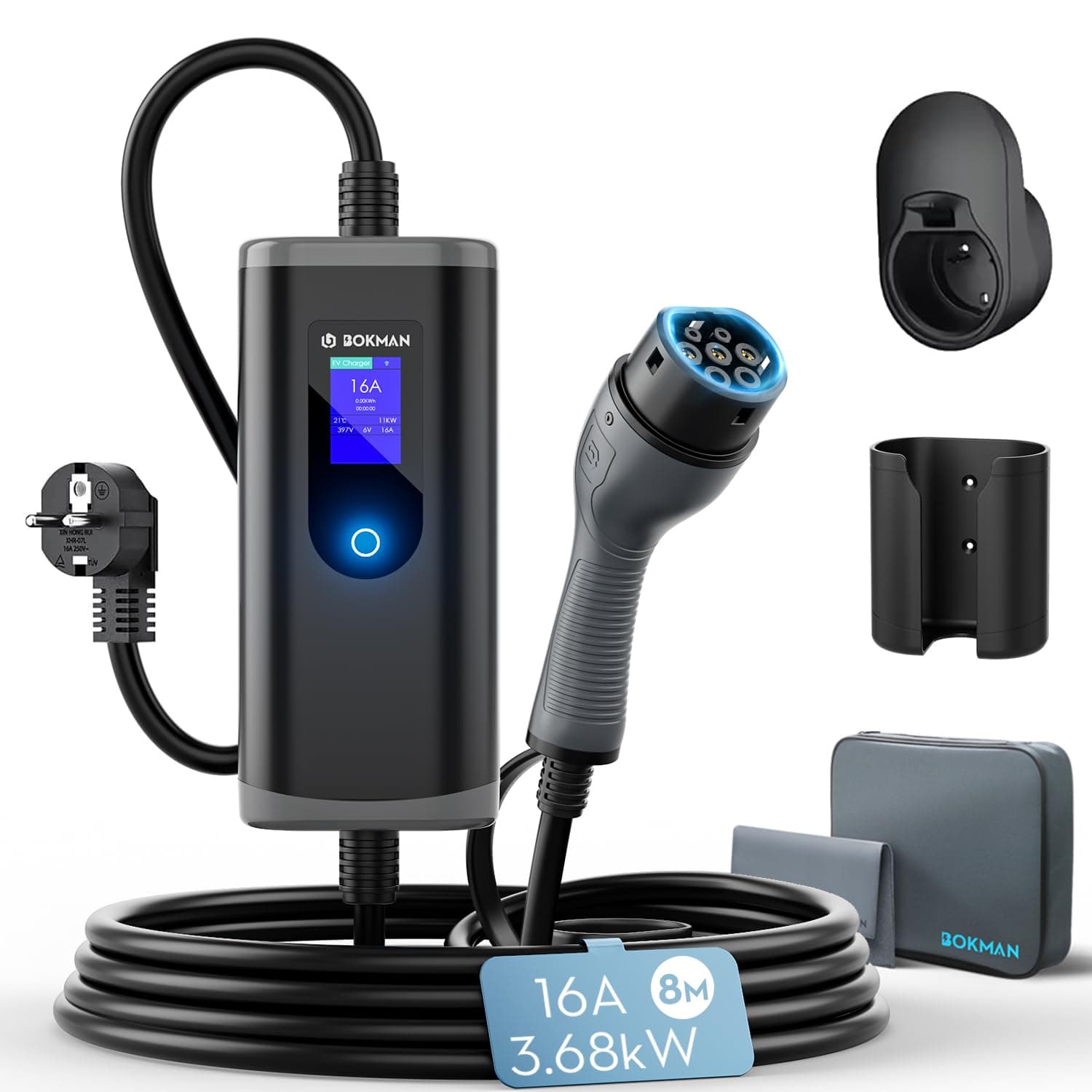 bokman Cargador Coche Electrico, 3,68kW / 8 Metros / 6-16A / Monofásico / IP65 Impermeable, EV Cargador Tipo 2 con Enchufe Schuko para Vehículos Eléctricos