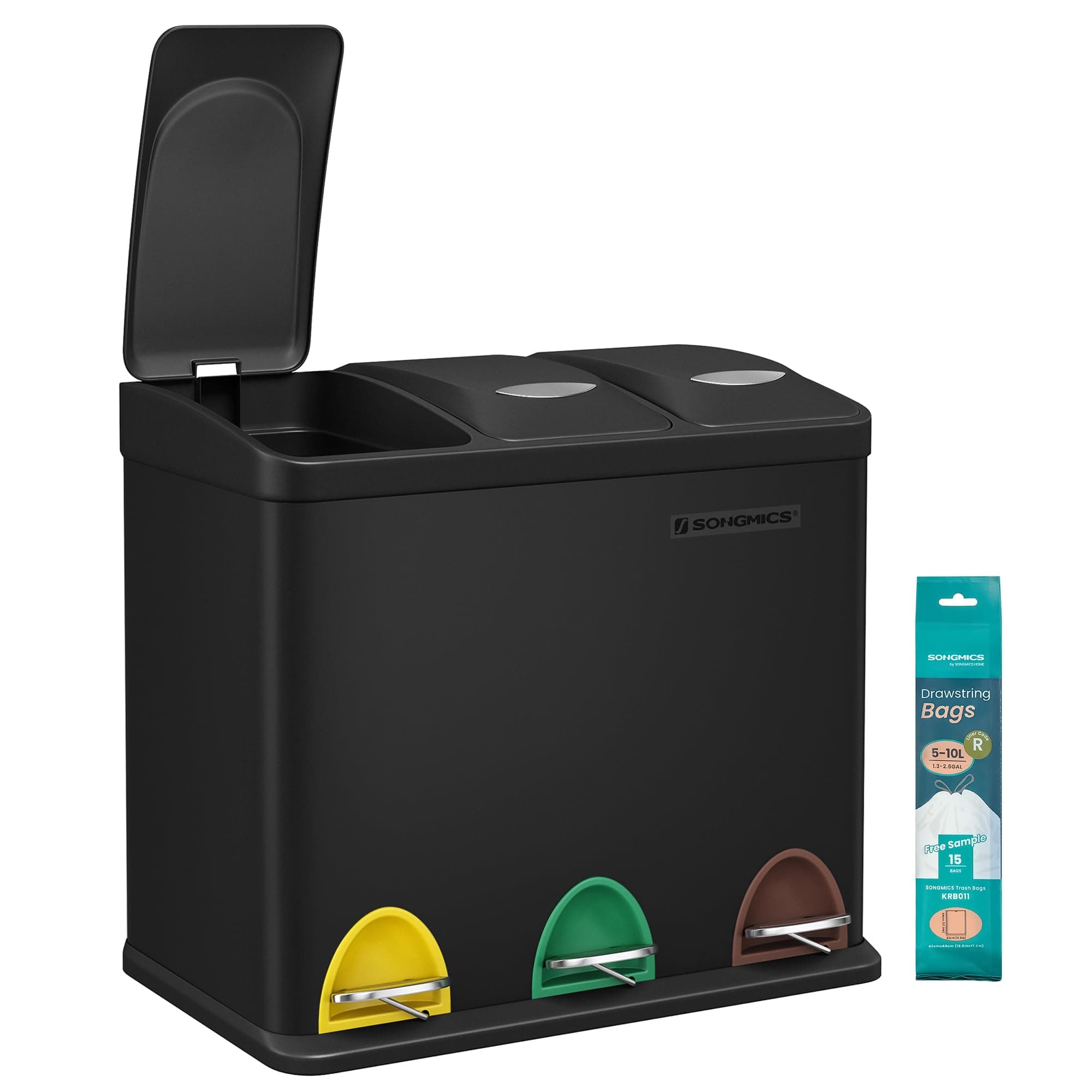 SONGMICS Cestino per Rifiuti da Cucina, 3 x 8 L Pattumiera Differenziata con Coperchi Piccolo Volume, Cestino Triplo in Acciaio, Pedali e Secchi Interni, Facile da Pulire, Nero LTB24BK
