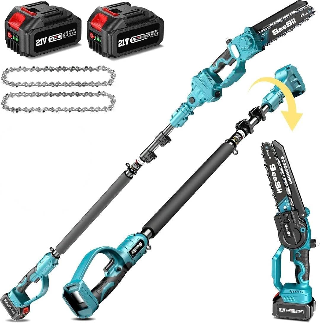 SEESII Motosierra de Pértiga Inalámbrica 2-en-1 y Mini Motosierra con 2 Baterías de 4000mAh, sin Escobillas de 8 Pulgadas con Pértiga Telescópica, Extensible hasta 15 Pies para Poda Árboles
