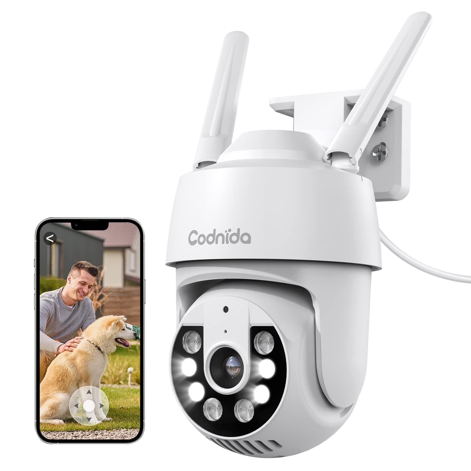2K Telecamera Wi-Fi Esterno con vista a 360°, Codnida 3MP Videocamera Sorveglianza con fili PTZ Telecamera con Visione Notturna, Tracciamento Automatico del Movimento,Allarme Sonoro e Luminoso