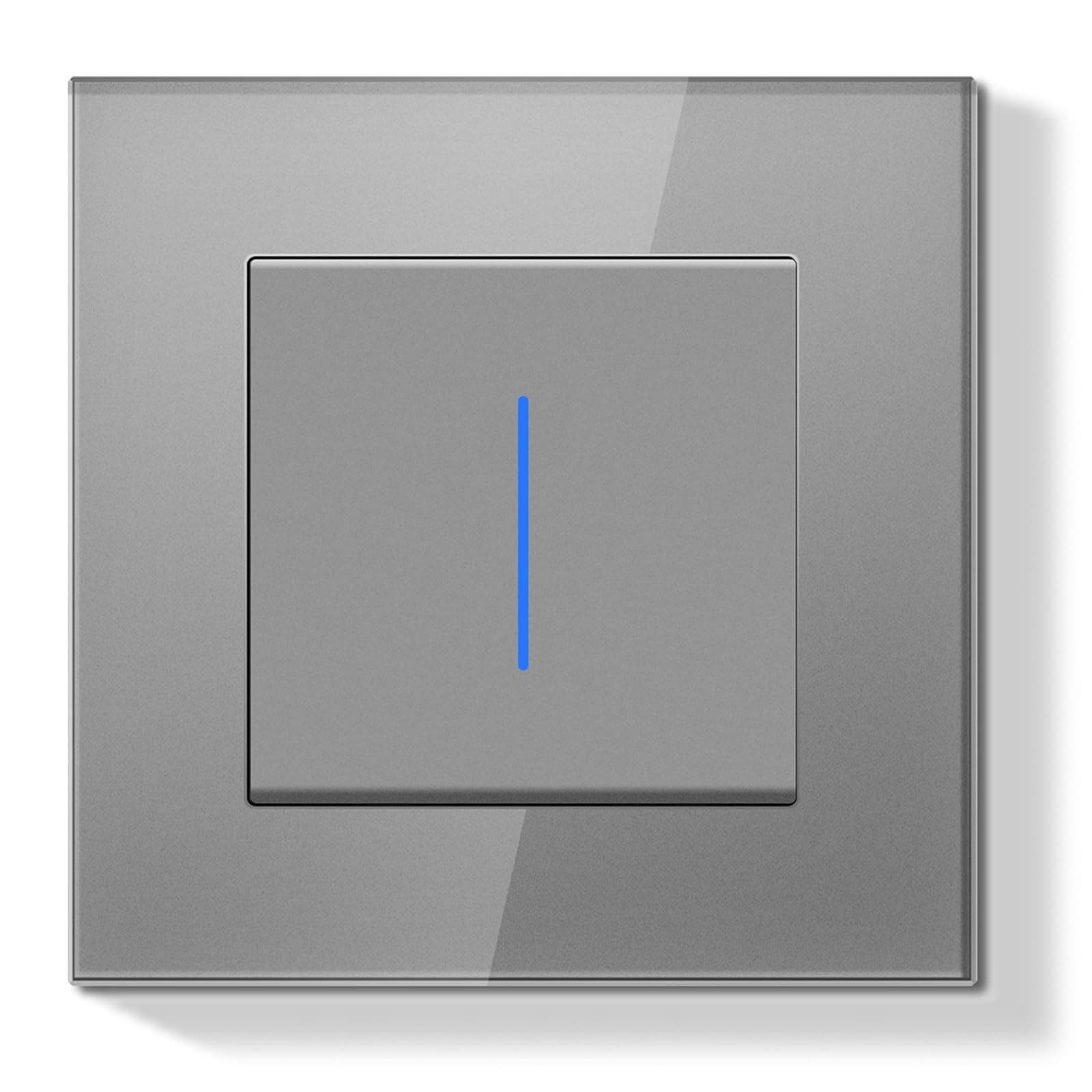 BSEEDLIFE Interruptor Pared,Interruptor de Pared con Marco de Cristal con LED Indicador,1 Gang 1 Vía,Fácil Instalación Diseño de Gancho de Garra,86 * 86mm Gris