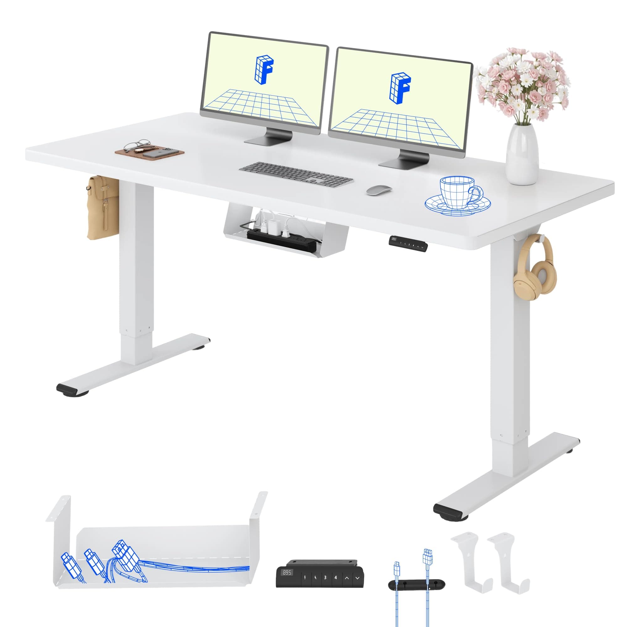 FlexiSpot Höhenverstellbarer Schreibtisch mit 2 Motoren & 25MM einteiliger Tischplatte,ergonomischer Bürotisch - 160 x 80 cm Weiß, weißes Gestell