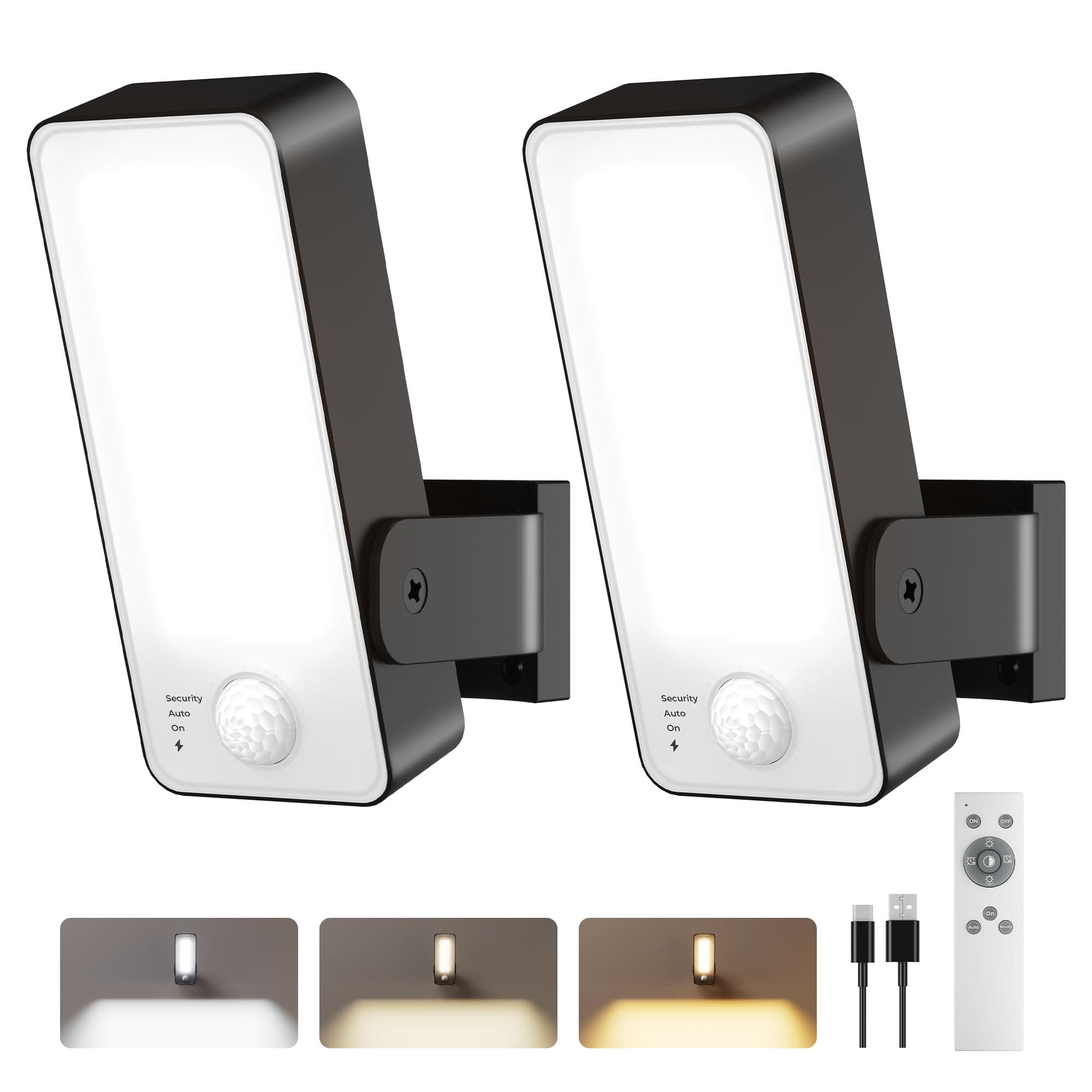 2 Piezas Luz LED Exterior con Sensor de Movimiento 10000mAh, Aplique Pared Recargable Exterior Interior con Control Remoto, 3 Tonos, Regulable, Lámpara Seguridad Impermeable IP65 para Jardín, Trastero