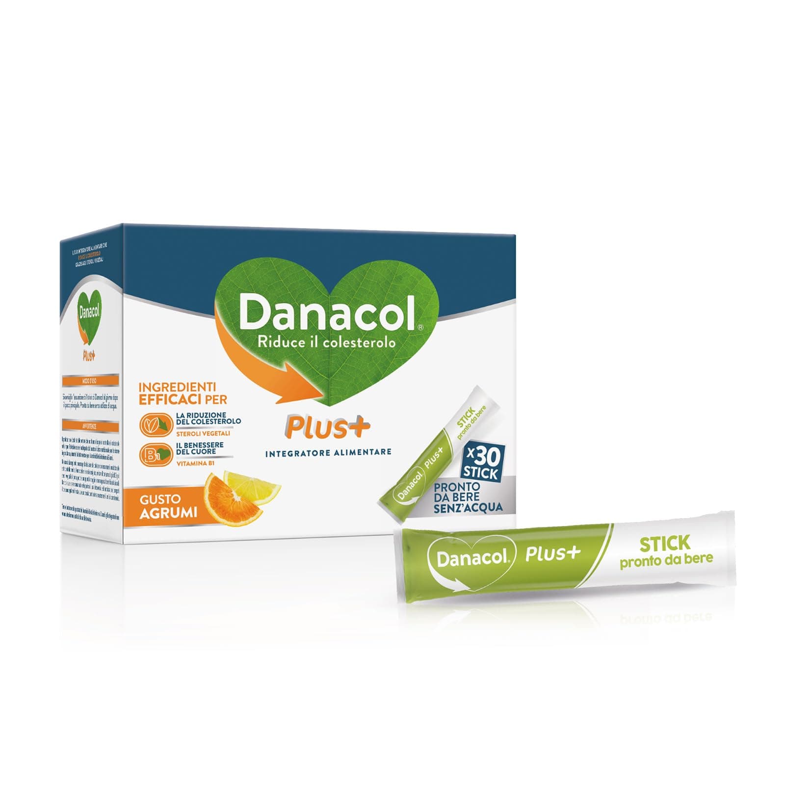 DANACOL Plus + Integratore Alimentare, Riduce il Colesterolo grazie agli Steroli Vegetali , Vitamina B1, Pronto da Bere, Senza Monacolina, 30 Stick Gel da 15 ml (30 giorni)