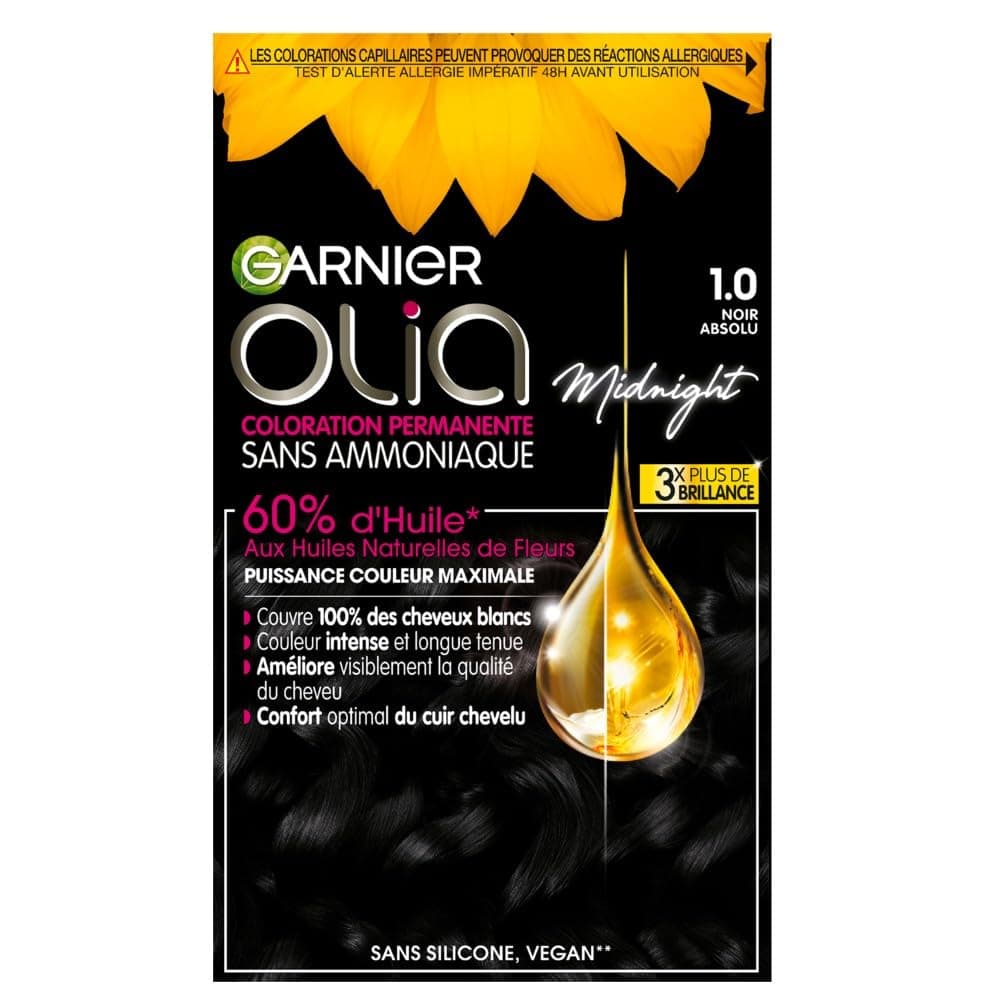 Garnier Coloration Permanente - Sans Ammoniaque - Aux Huiles Naturelles de Fleurs - Noir Absolu (1.0) - Olia