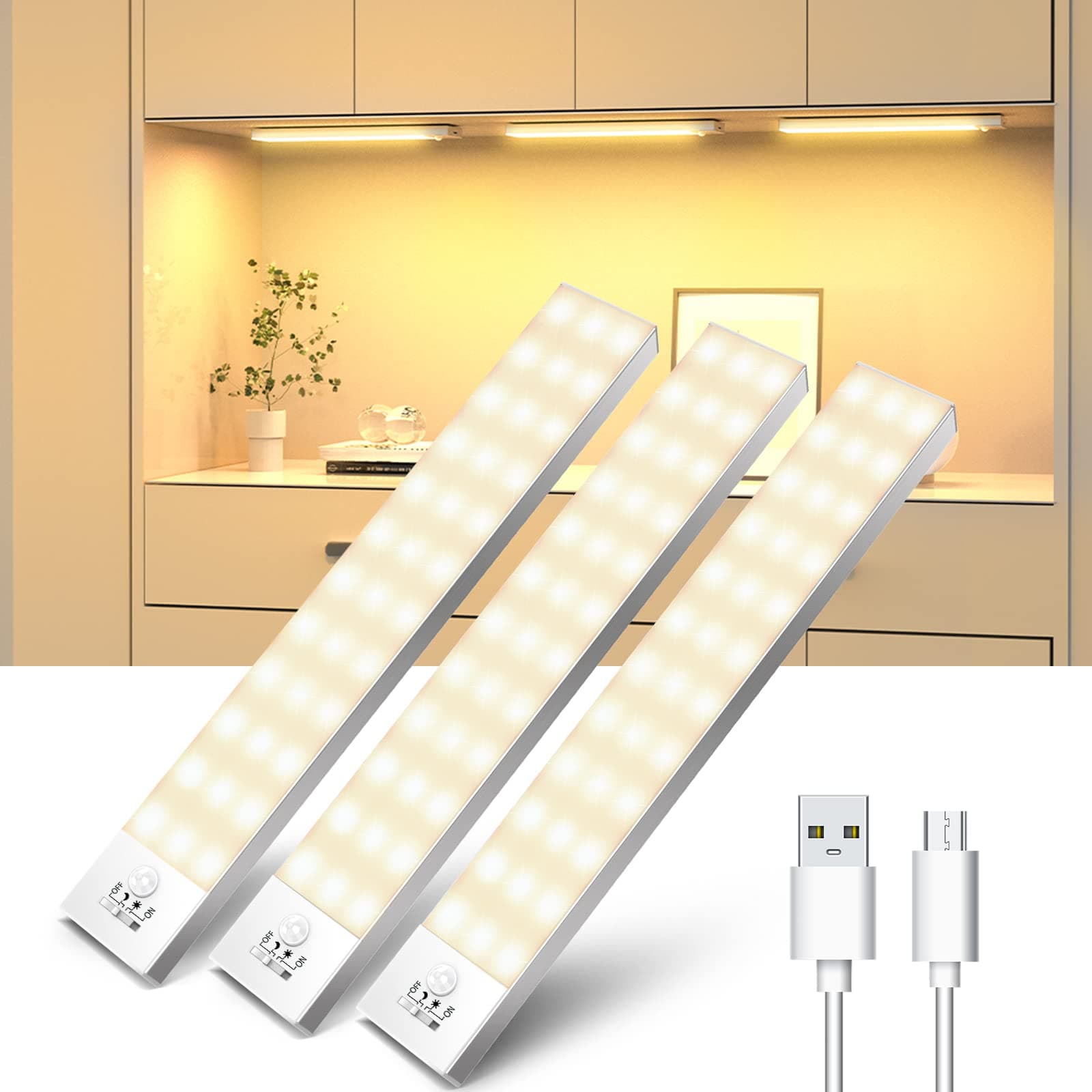 Luz LED Armario Luces con Sensor de Movimiento Luz Calida 4 Modos luz del gabinete Adhesiva Magnética Recargable 1000mAh Luz Nocturna Lámpara para Cocina, Armario, Pasillo, Enfriador de vino-3 Piezas