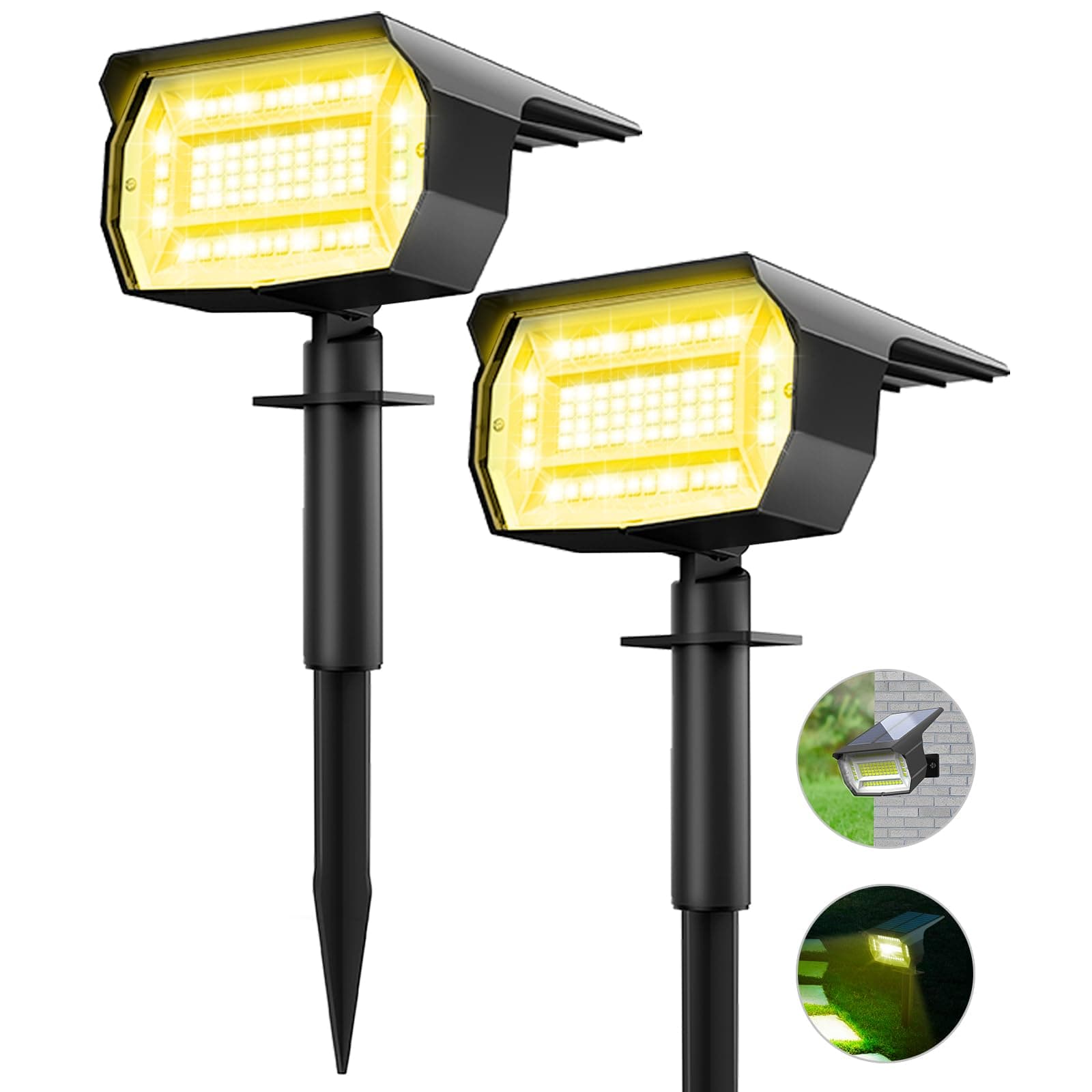 LOTMOS 2 Pezzi Faretti Energia Solare da Esterno, 72 LED Lampioni Solari da Giardino 3 Livelli di Luminosità, Lampioncini Solari da Impermeabili per Piscina, Vialetto, Patio, Alberi, Bianco Caldo