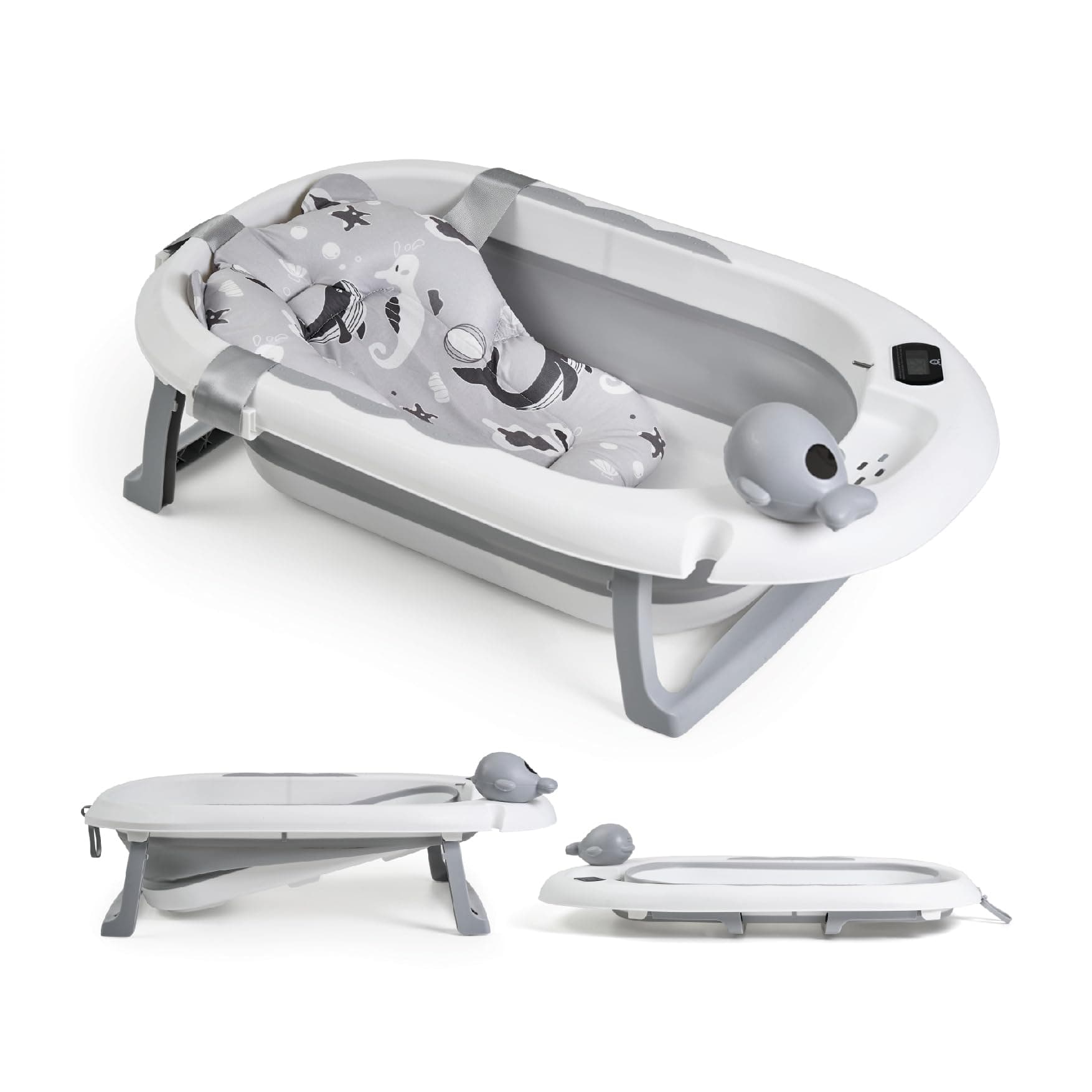 Buddy Baby - Bañera Plegable BebéSplash con Temperatura - Desde 0 meses - Cojín reductor extraíble - Base antideslizante - Tapón desagüe - Diseño compacto y portátil - Regadera ballena