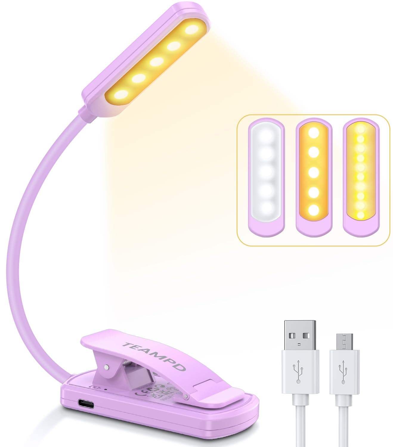 TEAMPD Luce da Lettura, USB Ricaricabile, 10 LEDs 3 Modalità, 100-10% Luminosità Regolabile, Clip per Lettura Libri a Letto, Portatili, Viaggio, Bambini