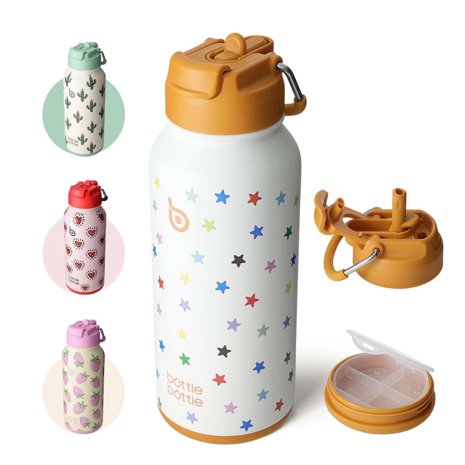 BOTTLE BOTTLE Botella de agua aislada de 32 onzas, botella de agua deportiva de acero inoxidable con pajilla, diseño de tapa de doble uso para gimnasio con pastillero (Stellar Pop)