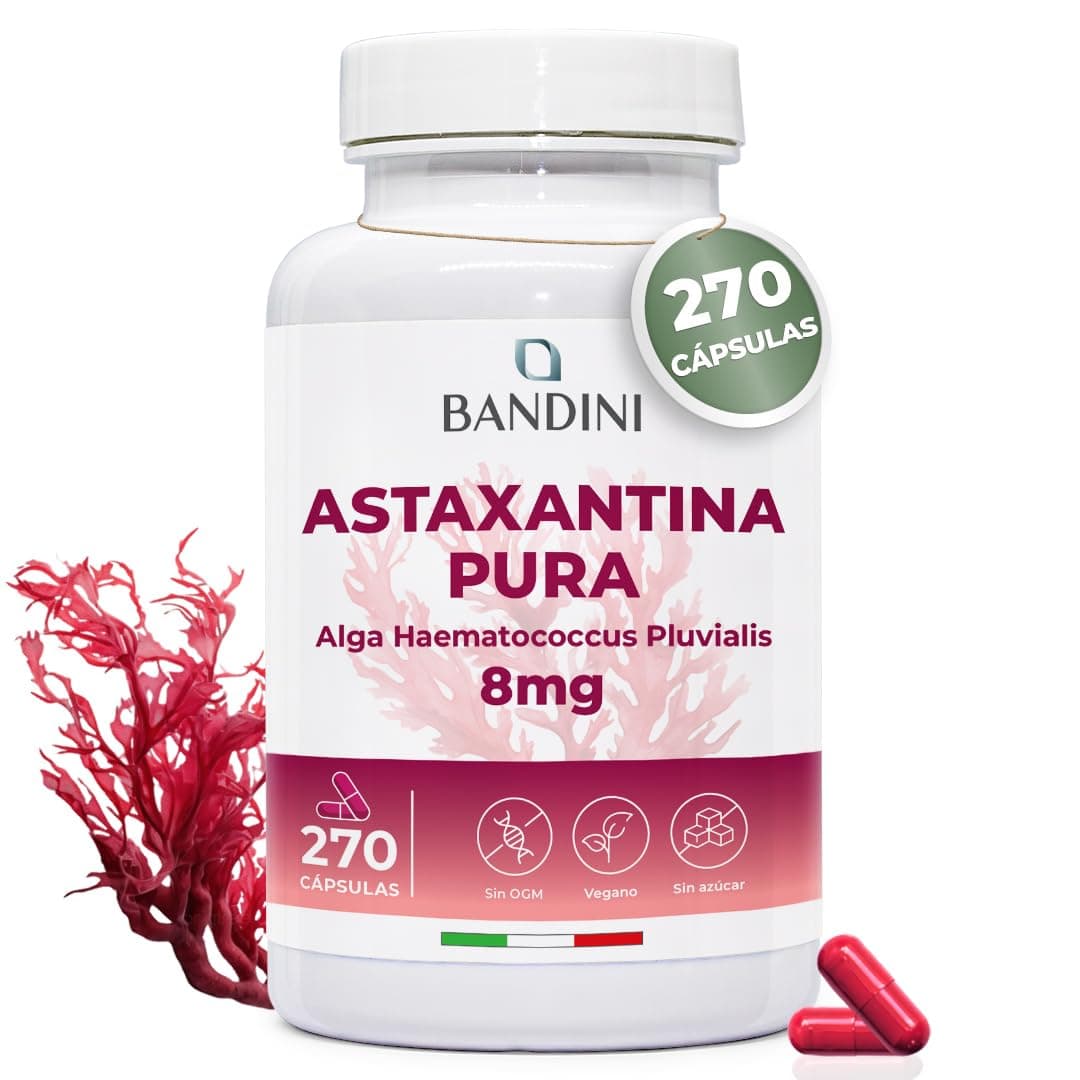 Bandini® Astaxantina pura 270 cápsulas | Oleorresina rica en astaxantina del microalga Haematococcus pluvialis | Potente Antioxidante Natural 8 Mg por dosis diaria | Sin OMG | Suministro para 9 meses