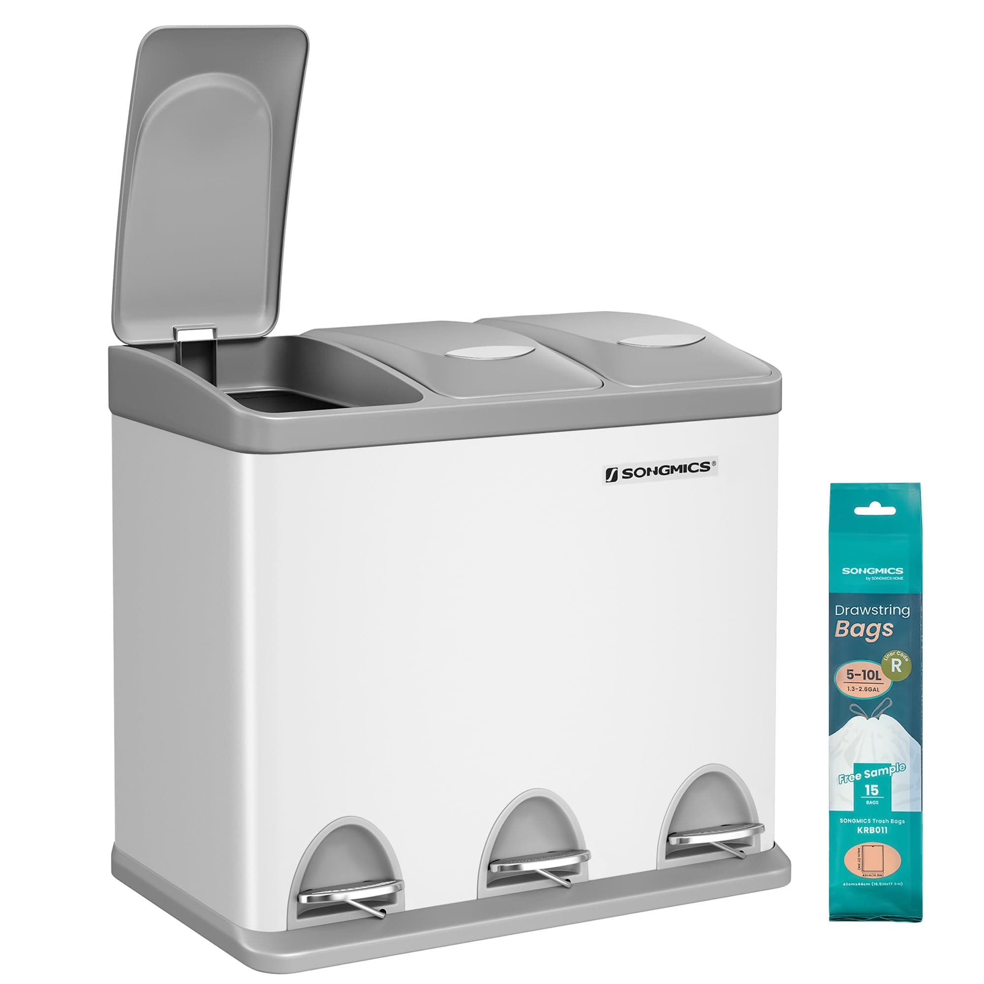 SONGMICS Cestino per Rifiuti da Cucina, 3 x 8 L Pattumiera Differenziata Piccolo Volume, Cestino Triplo in Acciaio, Pedali e Secchi Interni, Facile da Pulire, Bianco e Grigio LTB24WT