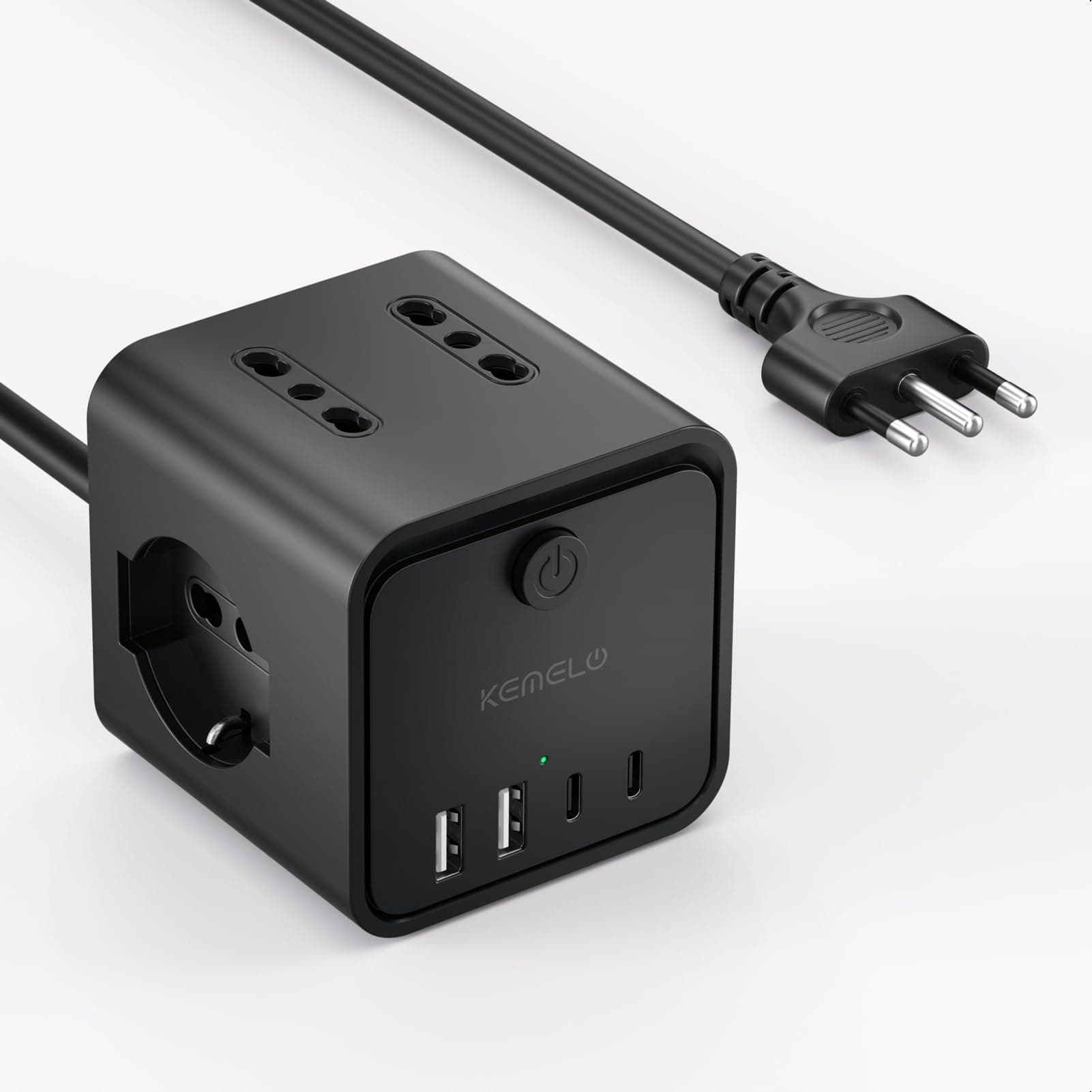Ciabatta Elettrica Multipresa con 4 Prese Universali 10/16A ITA e Schuko, 2 M Prolunga Elettrica con 2 USB A+2 USB C,Presa Multipla Spina Piatta Salvaspazio con Interruttori per Casa, Ufficio Nero