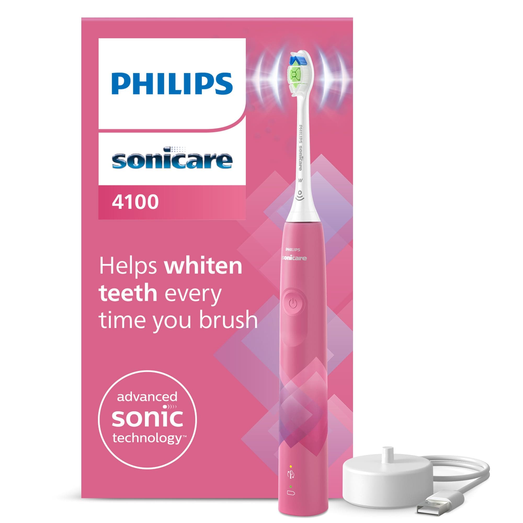Philips Sonicare 4100 elektrische Zahnbürste mit Schalltechnologie und zwei Modi, Andruckkontrolle und SmarTimer, Paradise Pink Prismatic, Modell HX3689/41