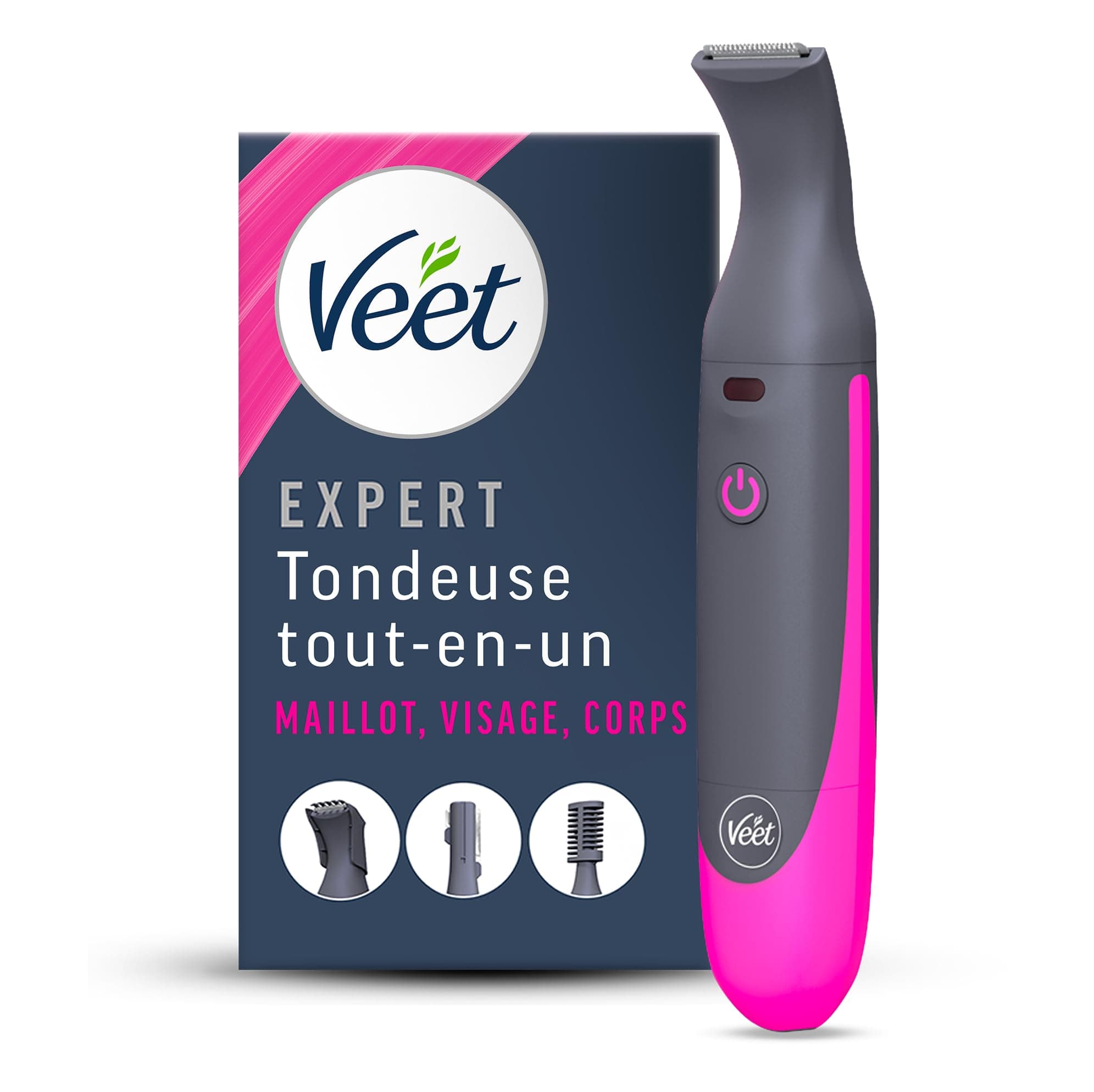 Veet Expert Tondeuse Femme Tout-En-Un – Rasoir électrique Multi-Usage pour Maillot, Visage et Sourcils – Chargeur USB – 100% étanche (IP67)