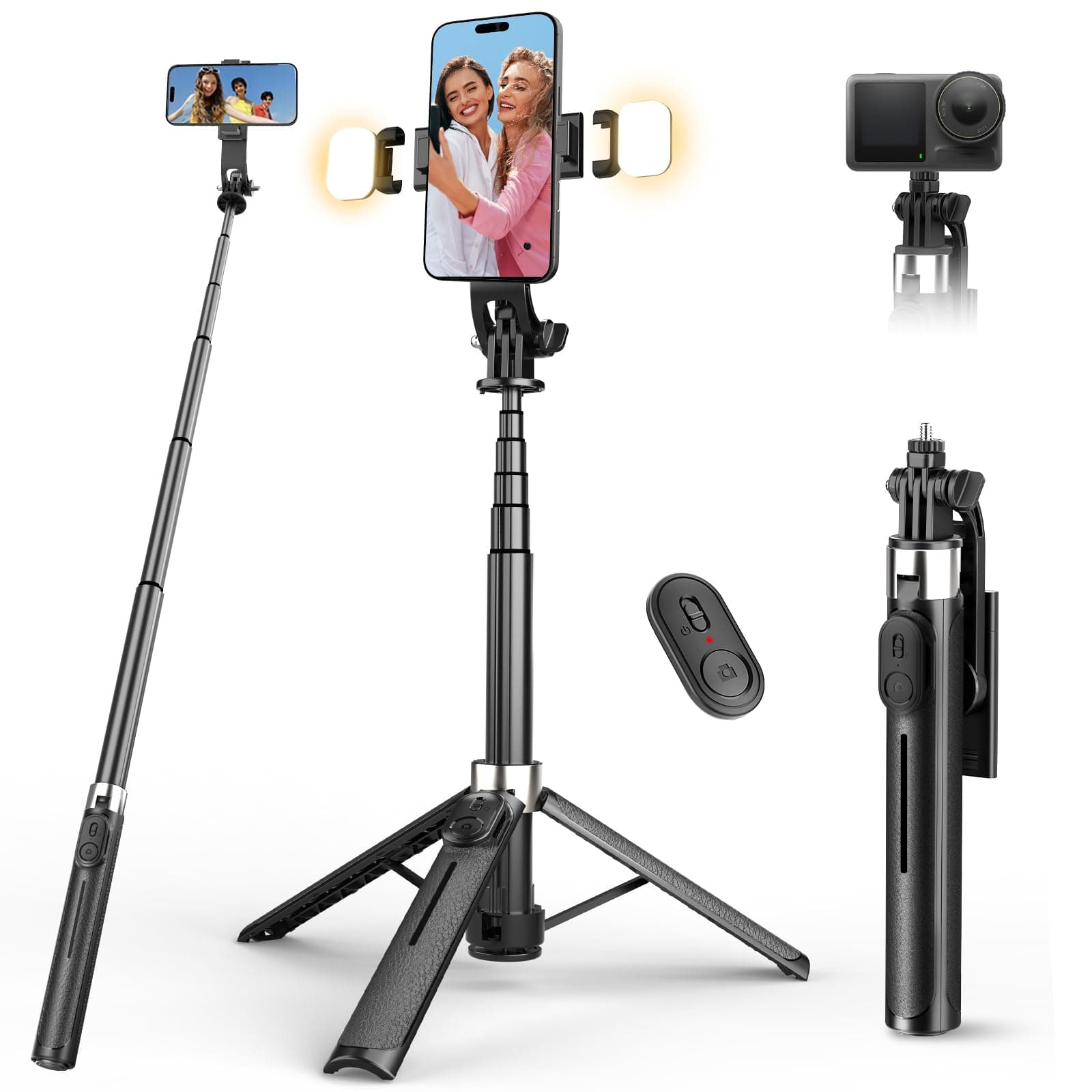 RISEOFLE 110cm Bastone Selfie Treppiede con 2 Luci di Riempimento, Treppiede per Smartphone Portatile Estensibile con Telecomando Wireless, Selfie Stick Compatibile con iPhone/Samsung/GoPro/Camera