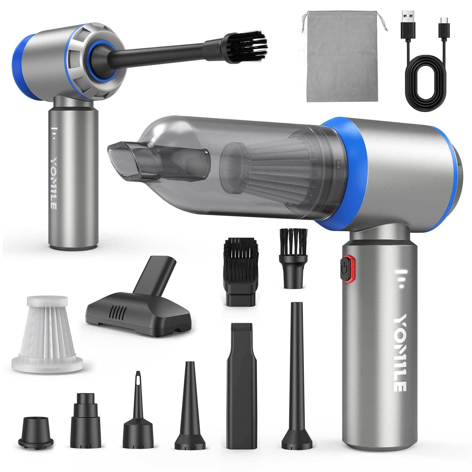 Yomile Aspirabriciole Senza Fili 4 in 1, Aspirapolvere Auto 25000PA Aspirapolvere Senza Fili Potente con Motore Brushless, Mini aspirapolvere Soffiatore Aspiratore per Casa, Ufficio, Cucina